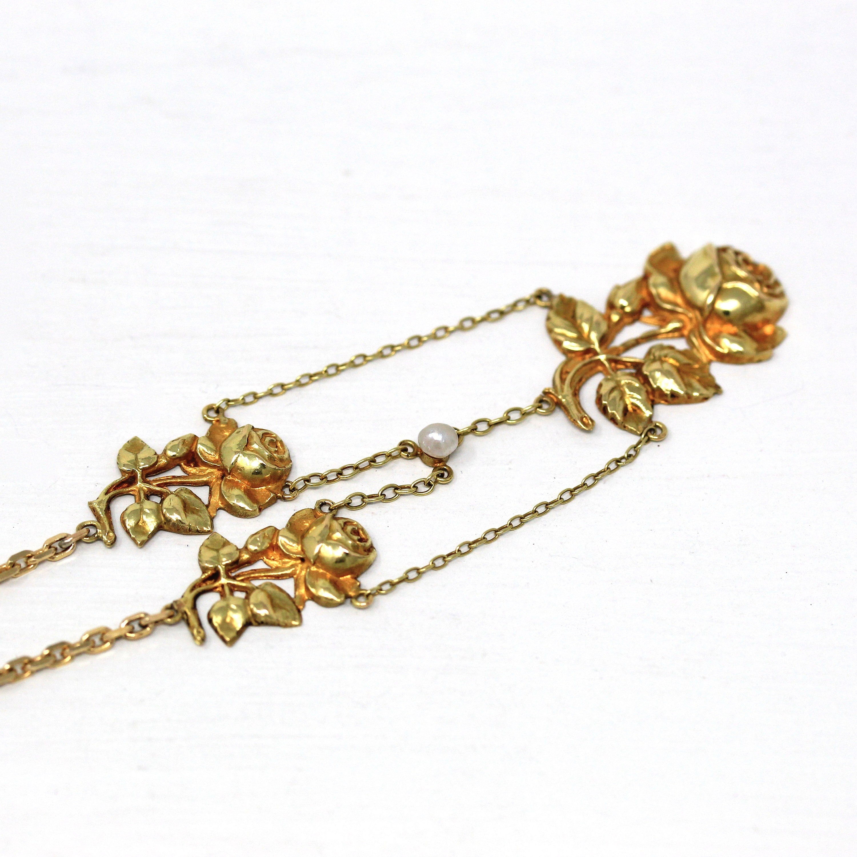 Antique Festoon Necklace - Edwardian Era 14k & 18k Yellow Rose Flower Pendant - Vintage Art Nouveau Circa 1900s Fine 20 Inch ewelry