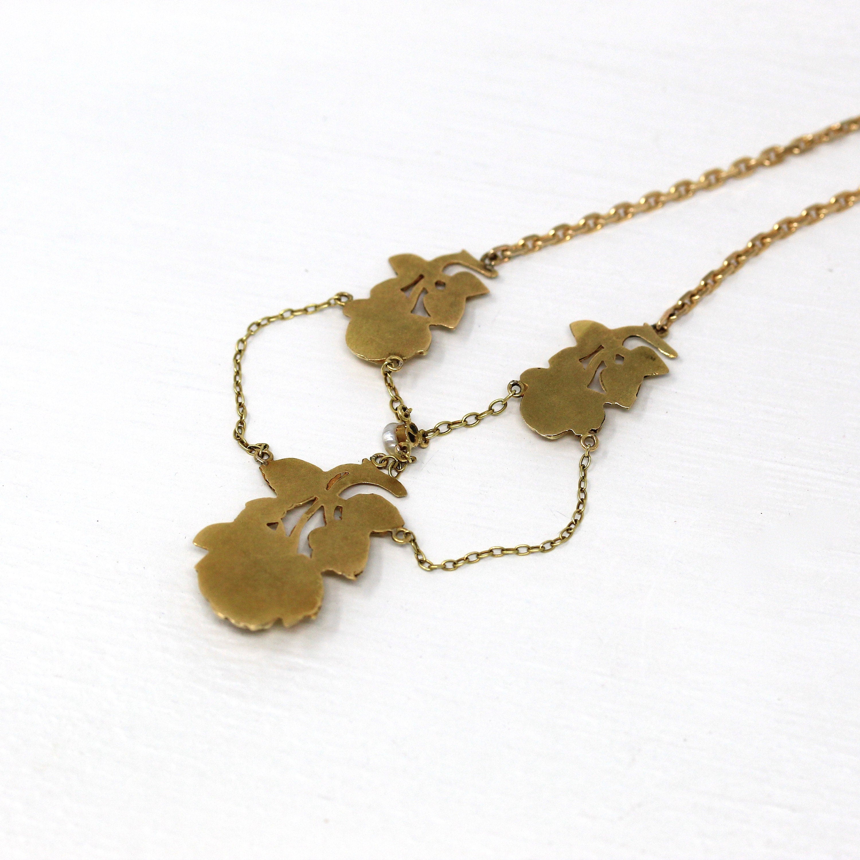 Antique Festoon Necklace - Edwardian Era 14k & 18k Yellow Rose Flower Pendant - Vintage Art Nouveau Circa 1900s Fine 20 Inch ewelry