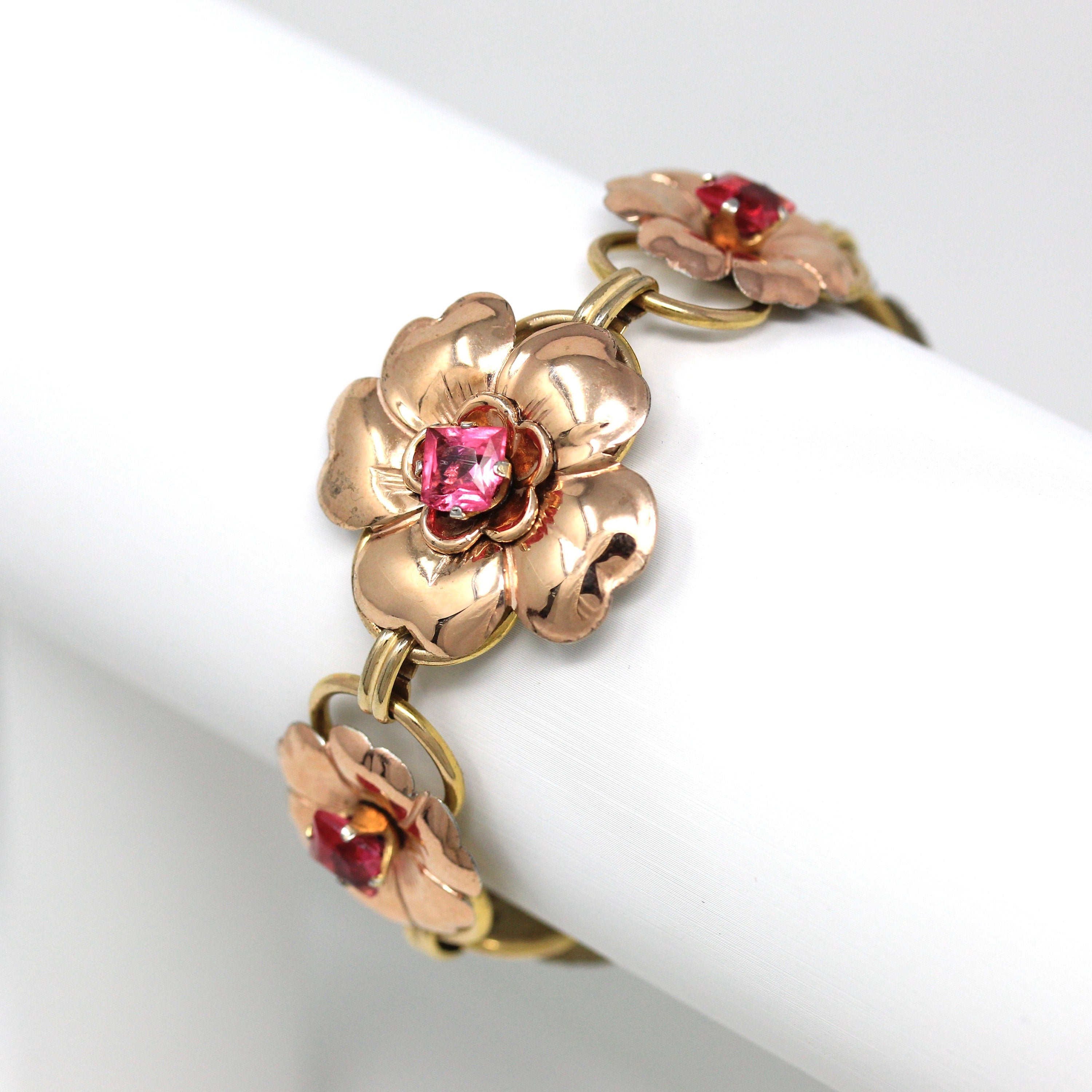 Vintage Flower Bracelet - Retro Rose & Yellow Gold Filled Pink Glass Floral Panel Statement - 1940s Era Fashion Accessory 40s Jewelry