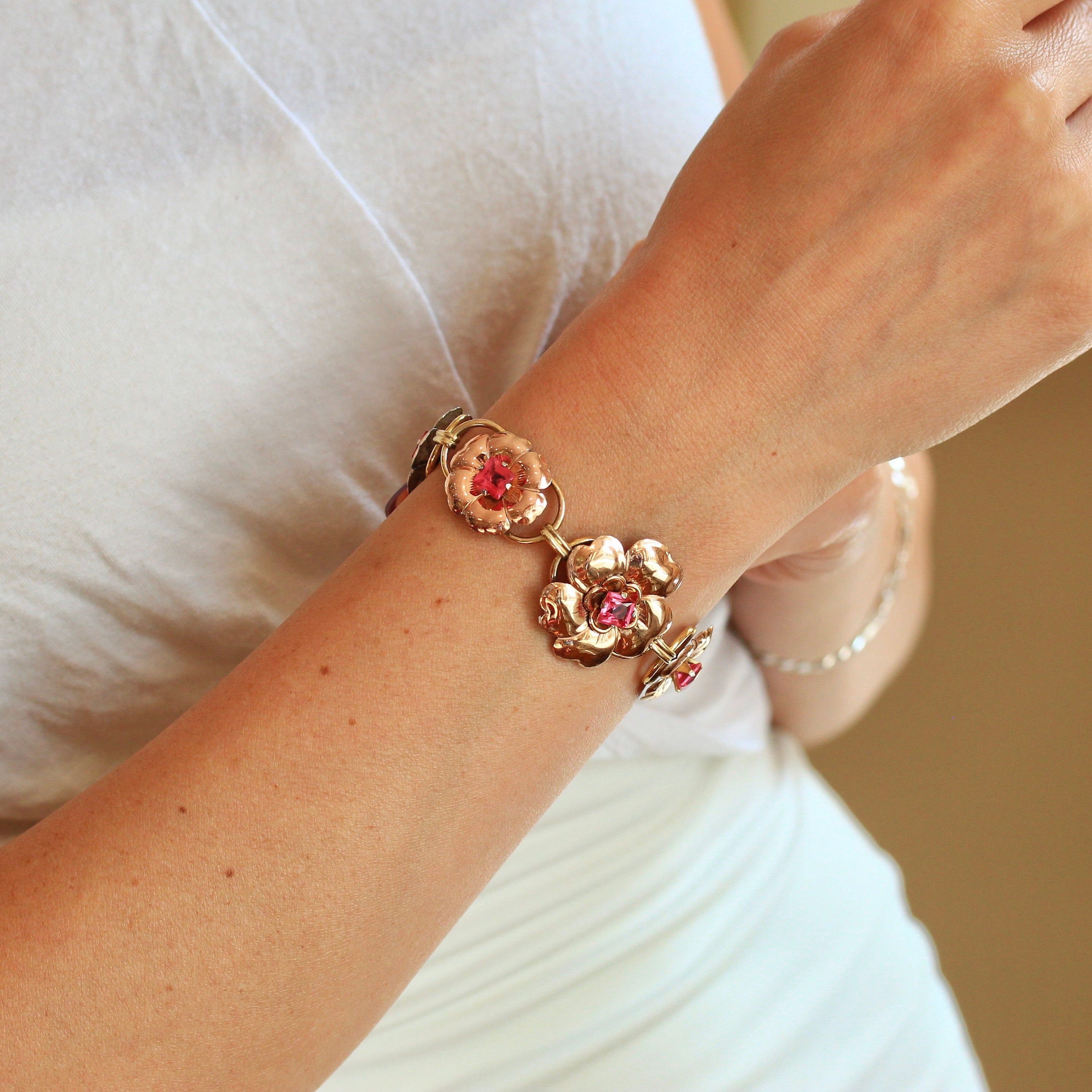 Vintage Pink Flower Bangle popular Bracelet,