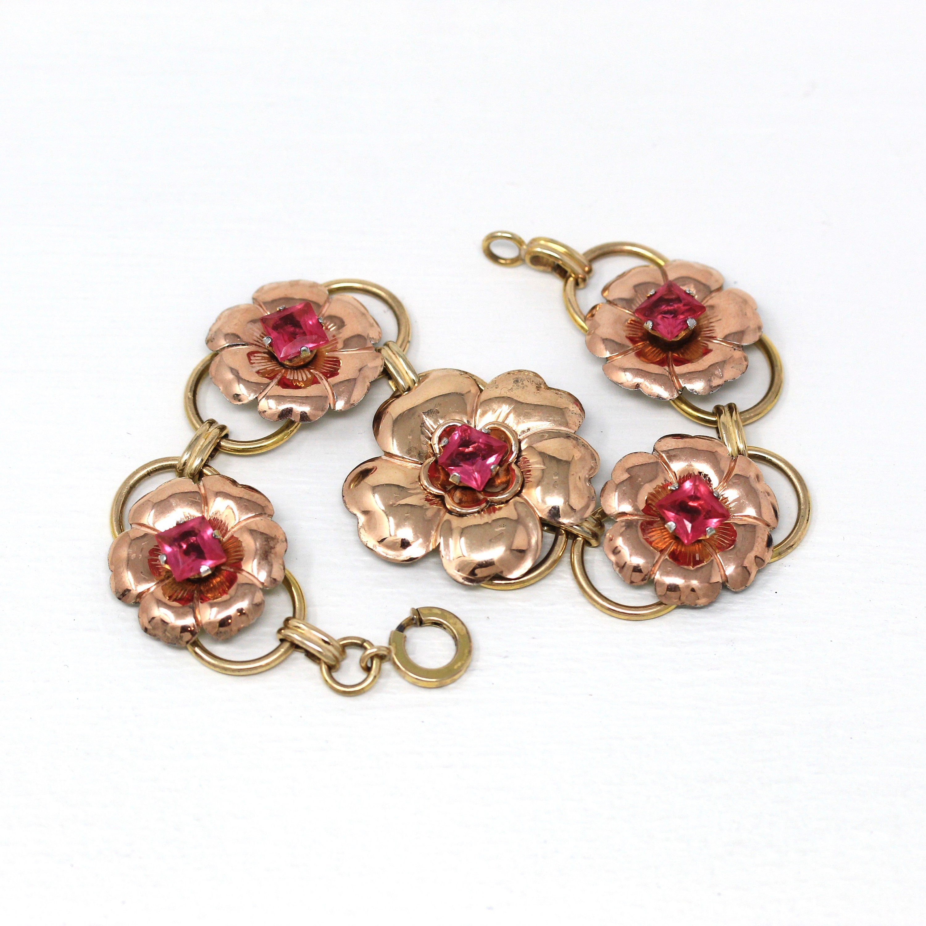 Vintage Flower Bracelet - Retro Rose & Yellow Gold Filled Pink Glass Floral Panel Statement - 1940s Era Fashion Accessory 40s Jewelry