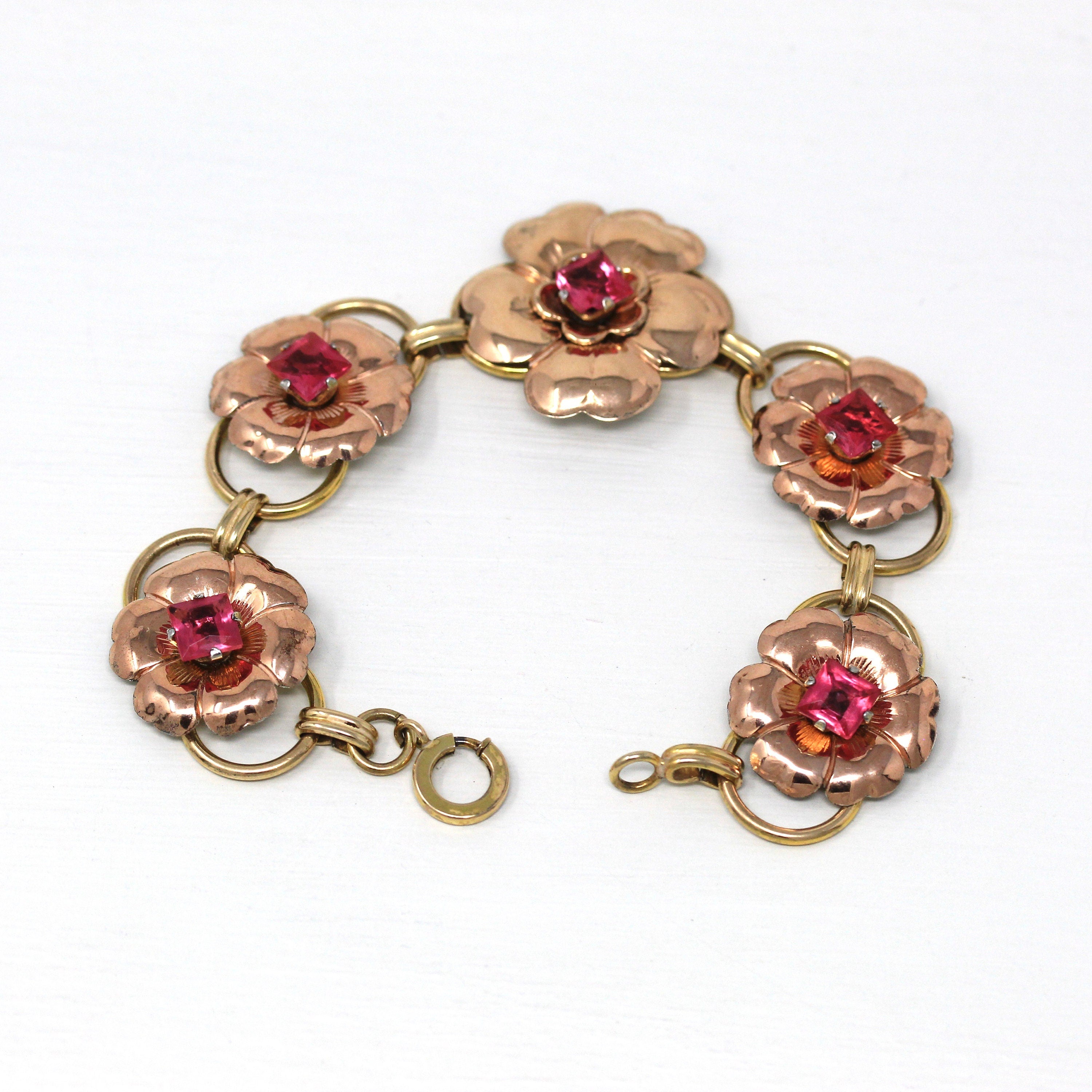 Vintage Flower Bracelet - Retro Rose & Yellow Gold Filled Pink Glass Floral Panel Statement - 1940s Era Fashion Accessory 40s Jewelry