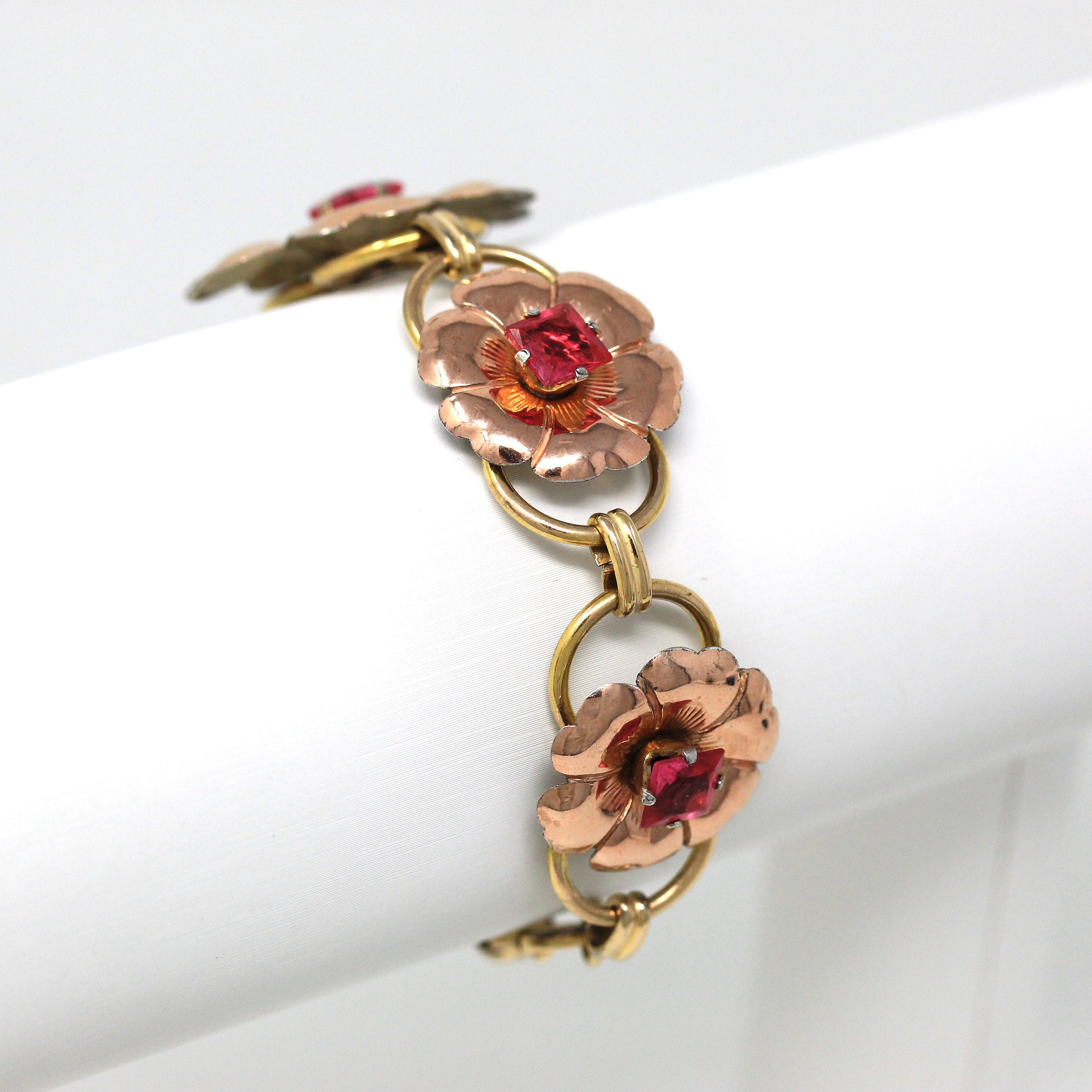 Vintage Flower Bracelet - Retro Rose & Yellow Gold Filled Pink Glass Floral Panel Statement - 1940s Era Fashion Accessory 40s Jewelry