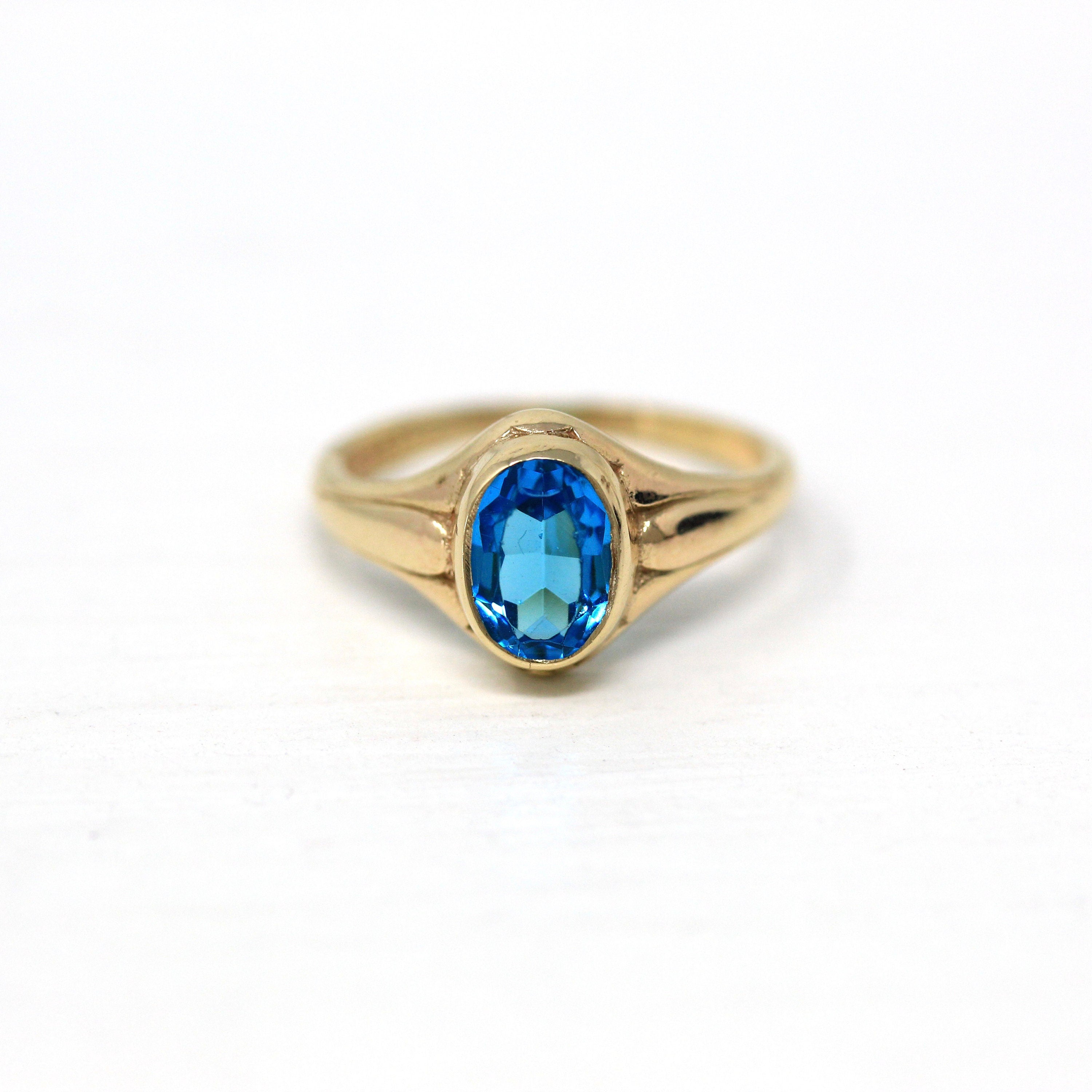 Blue Stone Ring - Retro Era 10k Yellow Gold Oval Glass - Circa 1960s Era Size 3 Children's A&Z Co Dainty Simulated Topaz 60s Fine Jewelry