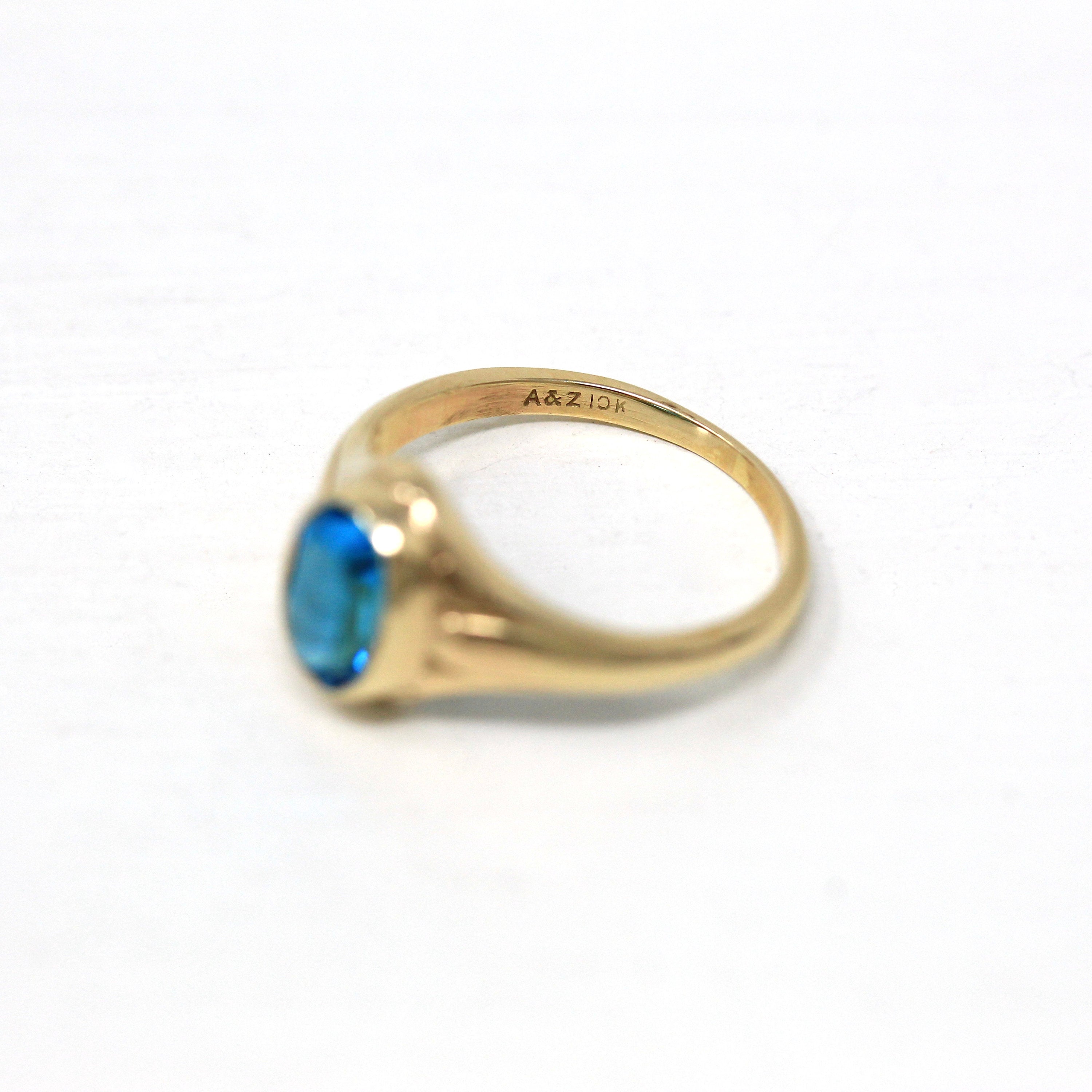 Blue Stone Ring - Retro Era 10k Yellow Gold Oval Glass - Circa 1960s Era Size 3 Children's A&Z Co Dainty Simulated Topaz 60s Fine Jewelry