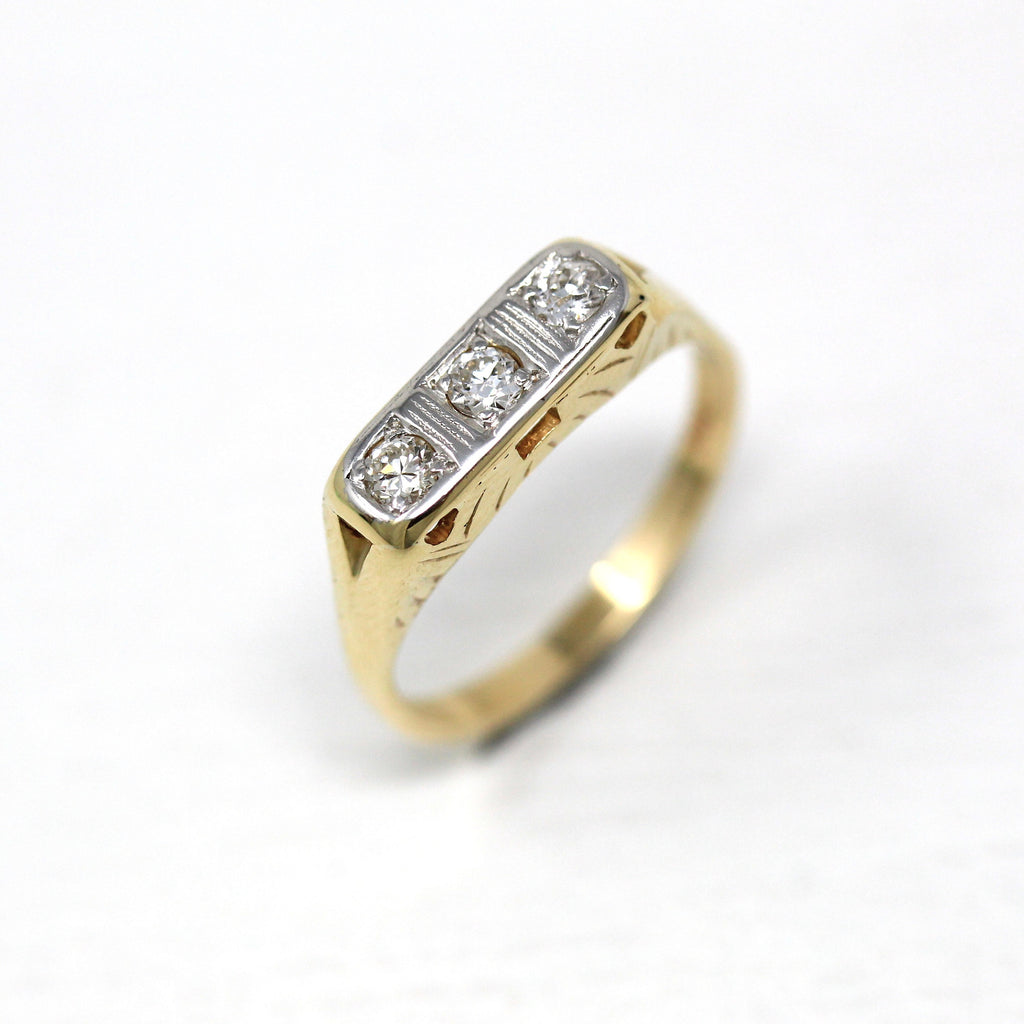 Three Stone Ring - Vintage 14k Yellow & White Gold Old European Cut Diamonds .15 CTW - Vintage 1930s Size 5 Filigree Fine Jewelry Report