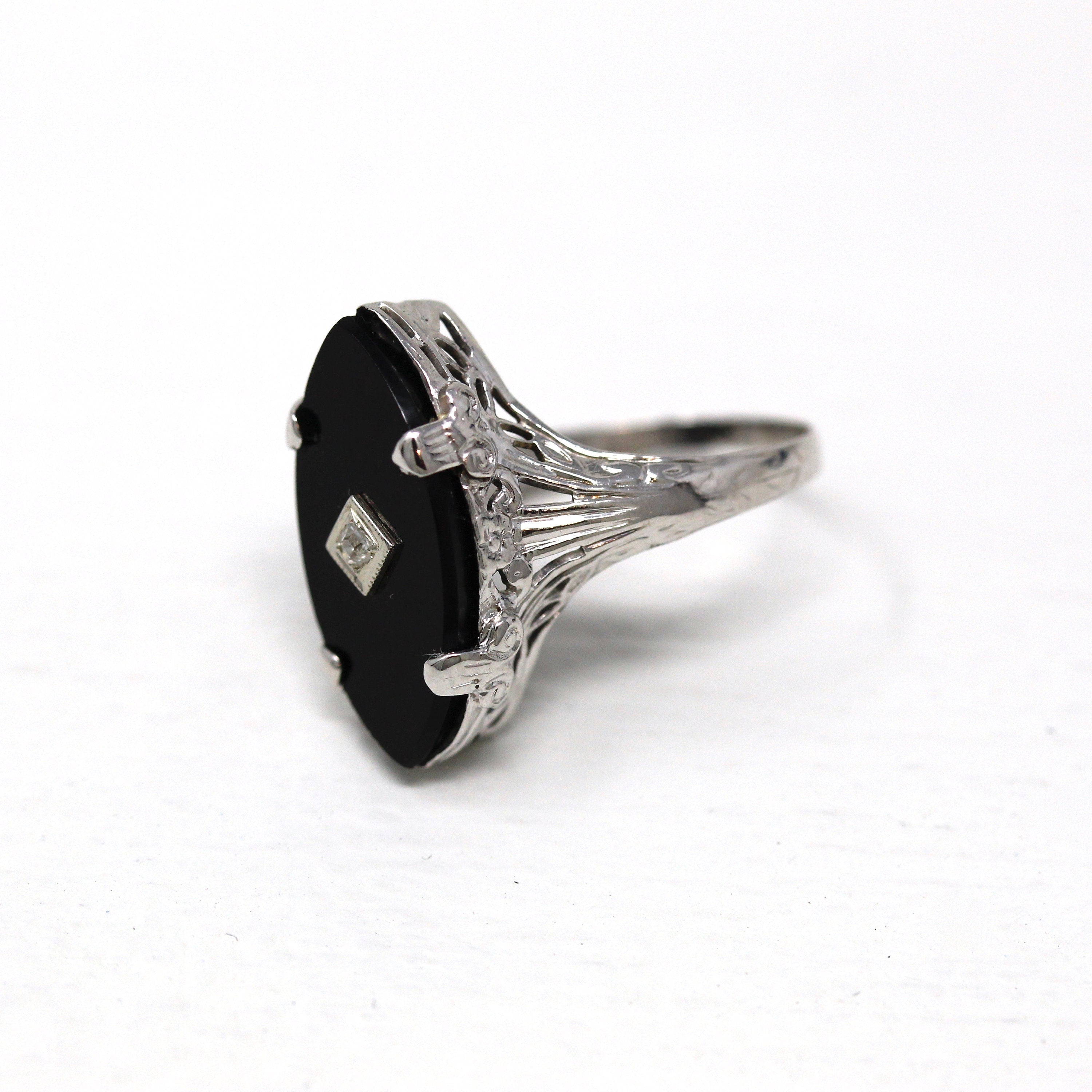 Vintage 14k White Gold Black popular Onyx Filigree Ring!