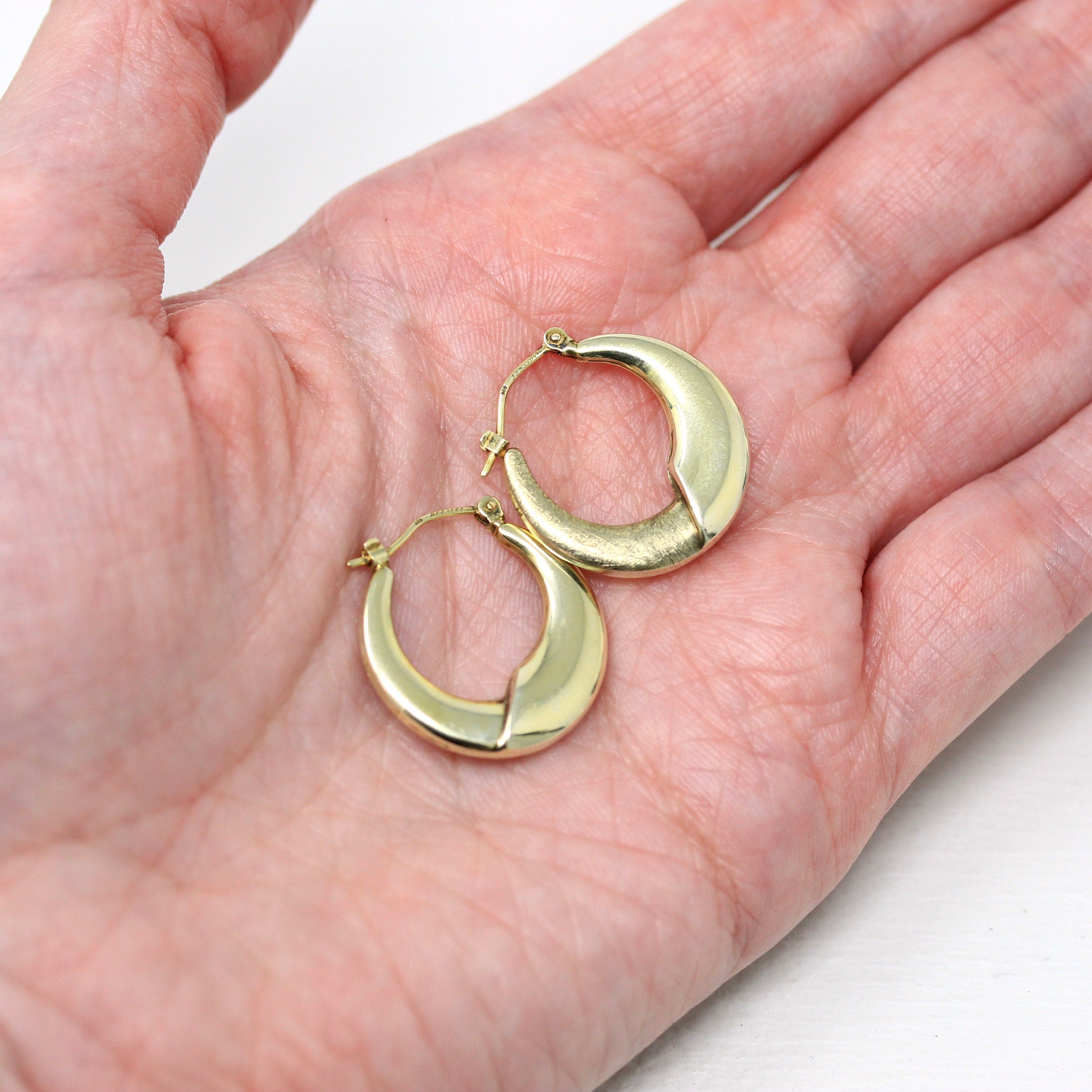 Modern Hoop Earrings - Estate 14k Yellow Gold Latch Backs Door Knockers - Vintage Circa 1990s Era Hollow Puffy Lightweight Fine Jewelry