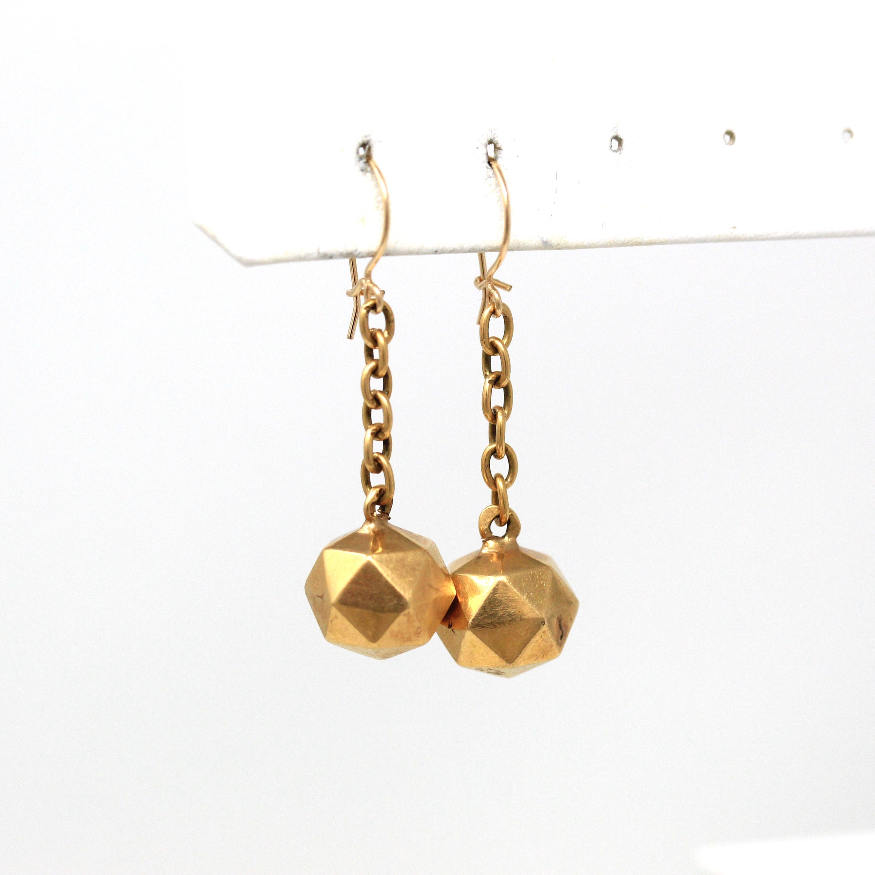 Victorian Gold Earrings - Antique 14k Yellow Gold Dangle Drop Faceted Spheres - Circa 1890s Era Long Fine Disco Ball Rare Jewelry