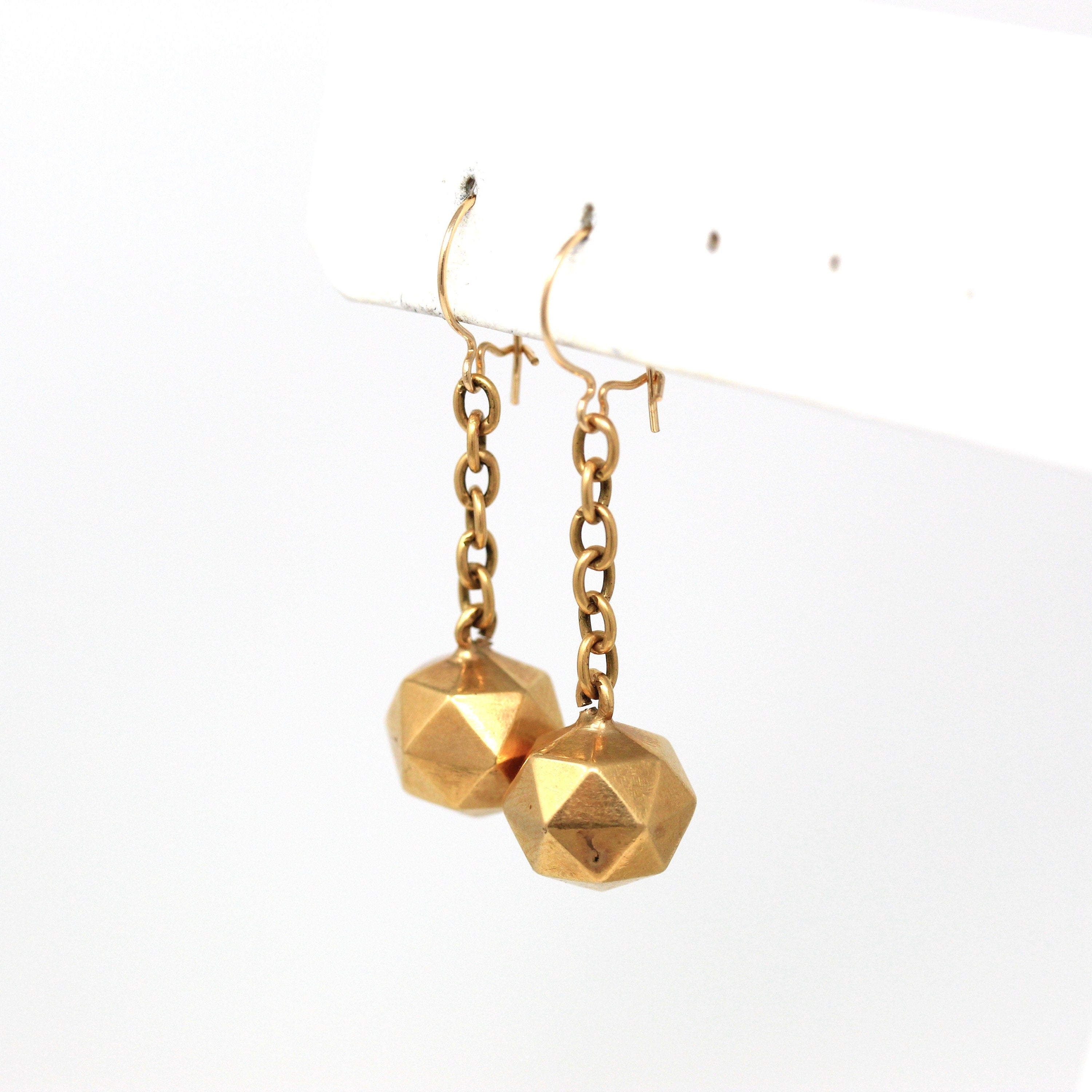 Victorian Gold Earrings - Antique 14k Yellow Gold Dangle Drop Faceted Spheres - Circa 1890s Era Long Fine Disco Ball Rare Jewelry