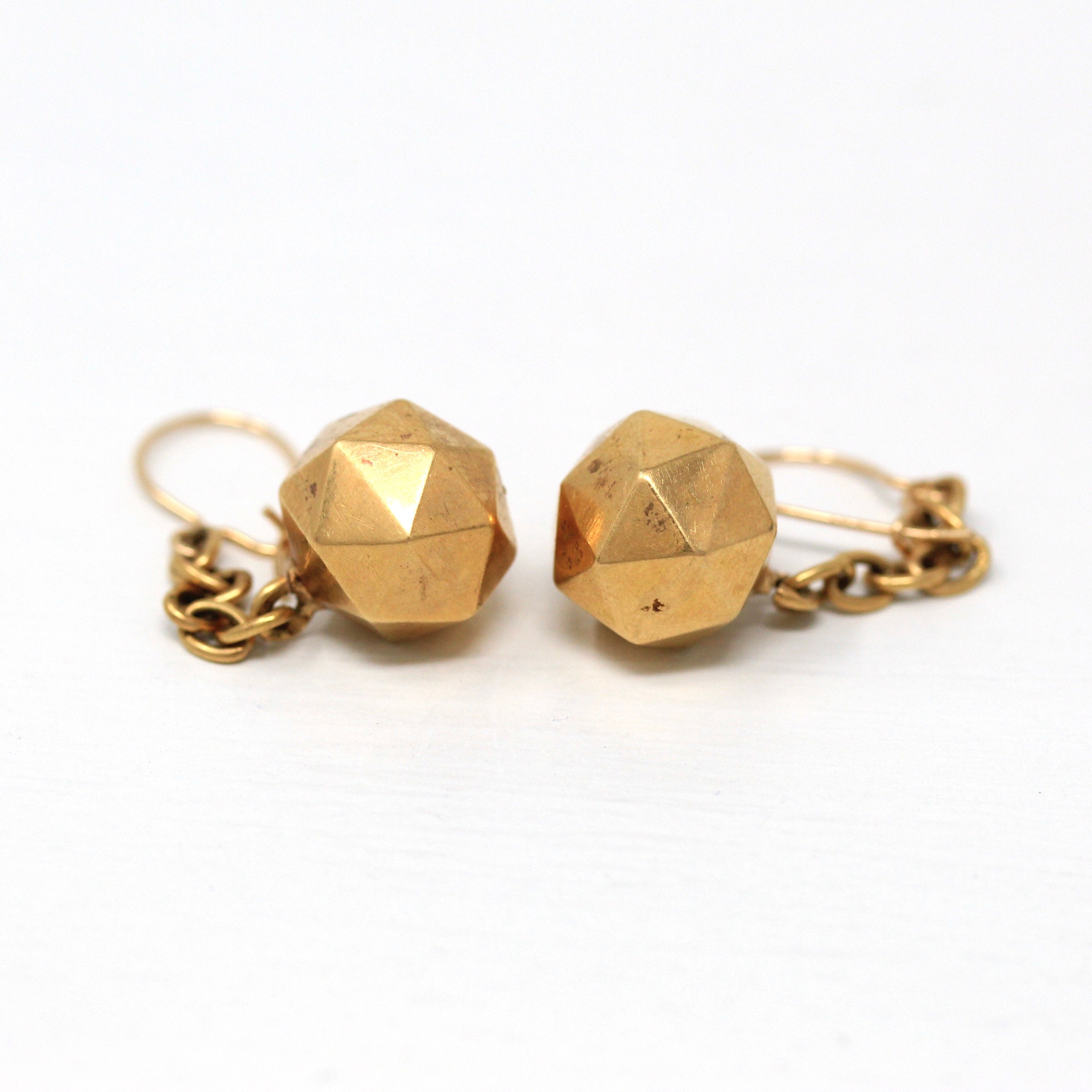 Victorian Gold Earrings - Antique 14k Yellow Gold Dangle Drop Faceted Spheres - Circa 1890s Era Long Fine Disco Ball Rare Jewelry