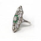 Antique Shield Ring - Vintage Art Deco Platinum 1.21 CTW Diamond Statement - Simulated Emeralds 1920s Size 5.5 Wedding Jewelry W/ Report