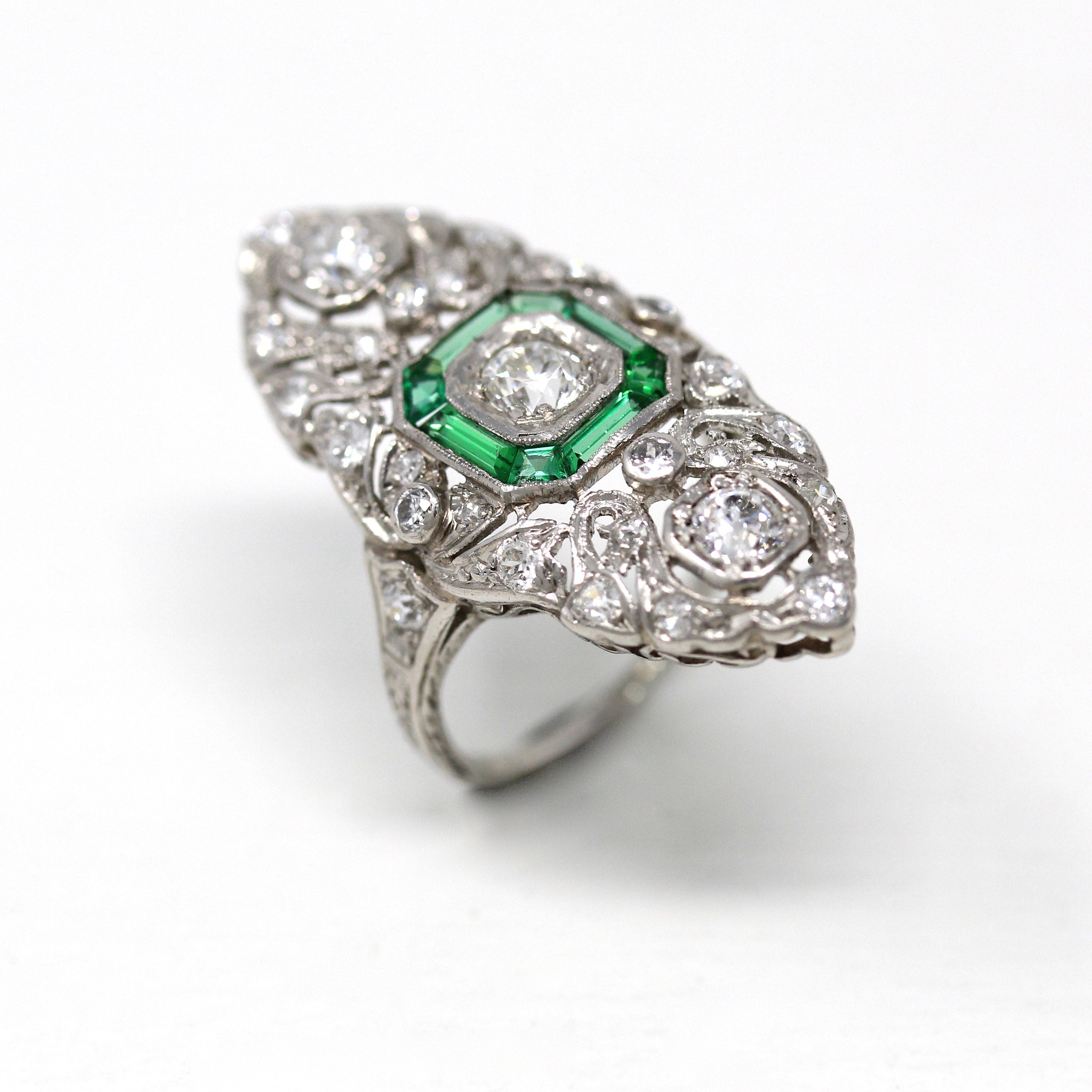 Antique Shield Ring - Vintage Art Deco Platinum 1.21 CTW Diamond Statement - Simulated Emeralds 1920s Size 5.5 Wedding Jewelry W/ Report