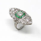 Antique Shield Ring - Vintage Art Deco Platinum 1.21 CTW Diamond Statement - Simulated Emeralds 1920s Size 5.5 Wedding Jewelry W/ Report