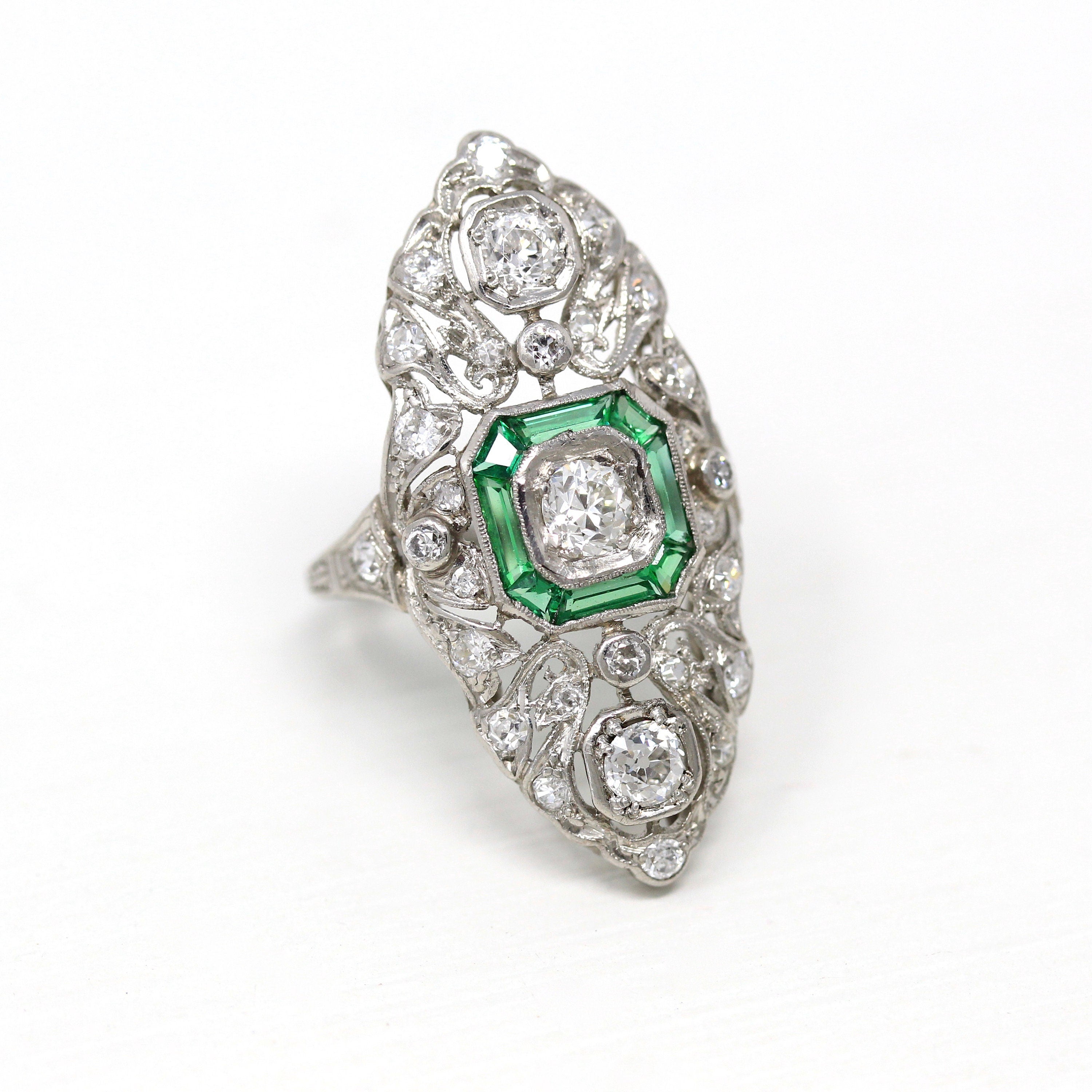 Antique Shield Ring - Vintage Art Deco Platinum 1.21 CTW Diamond Statement - Simulated Emeralds 1920s Size 5.5 Wedding Jewelry W/ Report