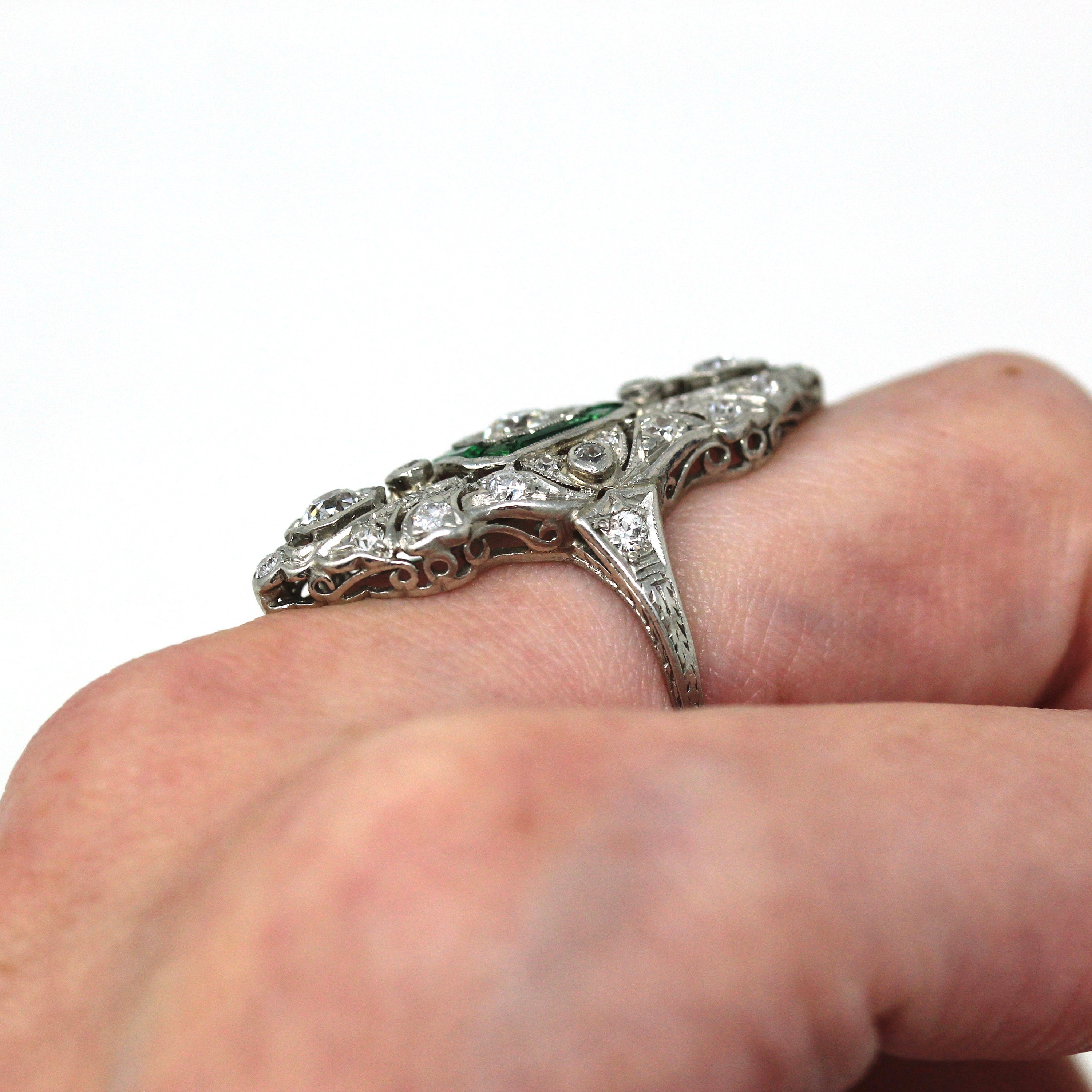 Antique Shield Ring - Vintage Art Deco Platinum 1.21 CTW Diamond Statement - Simulated Emeralds 1920s Size 5.5 Wedding Jewelry W/ Report