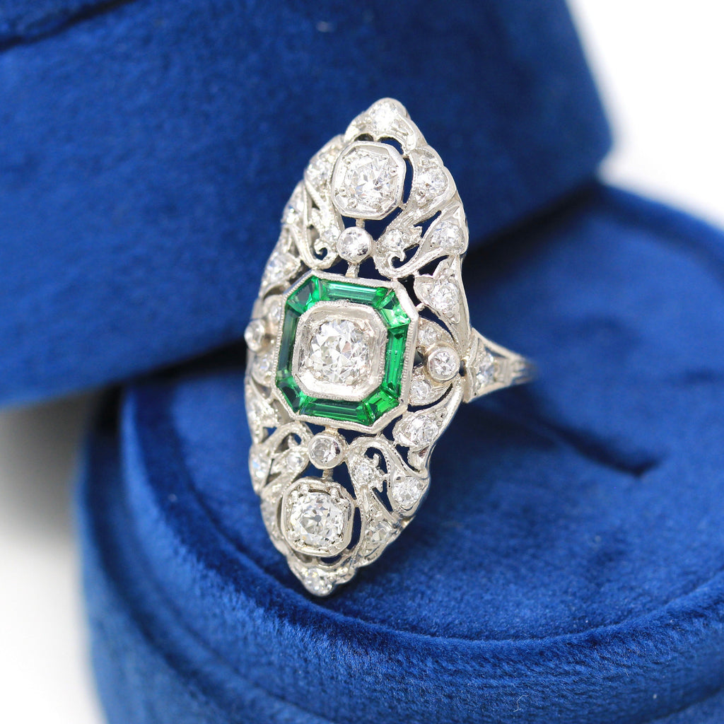 Antique Shield Ring - Vintage Art Deco Platinum 1.21 CTW Diamond Statement - Simulated Emeralds 1920s Size 5.5 Wedding Jewelry W/ Report