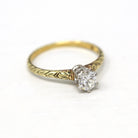 Vintage Engagement Ring - 15k Yellow Gold & Platinum .45 CT Old European Diamond Solitaire - Size 7 1/2 Art Deco 1930s Report Fine Jewelry