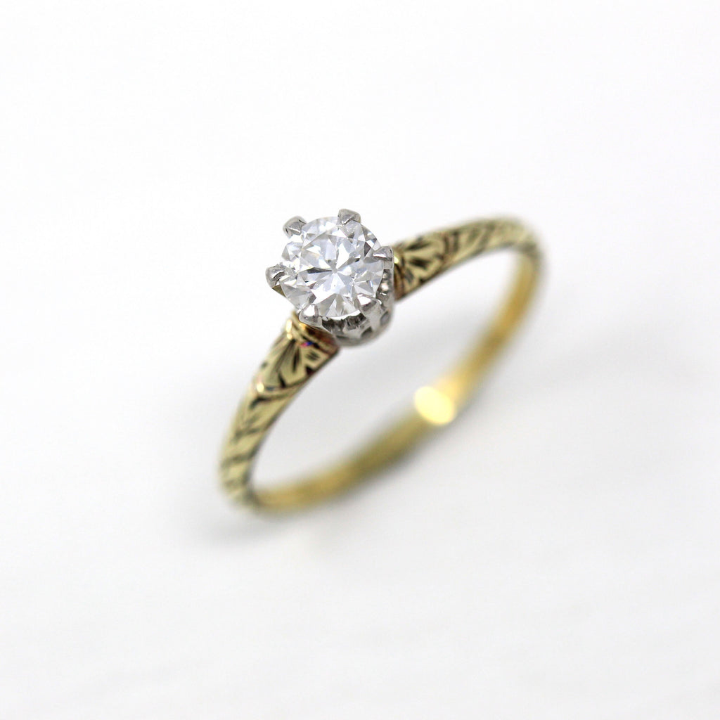 Vintage Engagement Ring - 15k Yellow Gold & Platinum .45 CT Old European Diamond Solitaire - Size 7 1/2 Art Deco 1930s Report Fine Jewelry