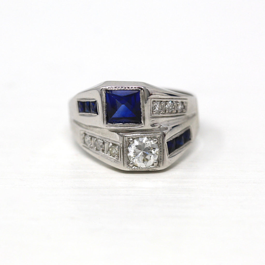 Art Deco Ring - Vintage 14k White Gold Old European .54 CTW Diamond & Created Sapphire - 1930s Size 6 1/4 Fine Toi Et Moi Jewelry W/ Report
