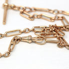 Pocket Watch Chain - Antique 9ct Rose Gold Trombone Chain T Bar Spring Ring Swivel Necklace - Edwardian 1910s Fashion Accessory Fine Jewelry