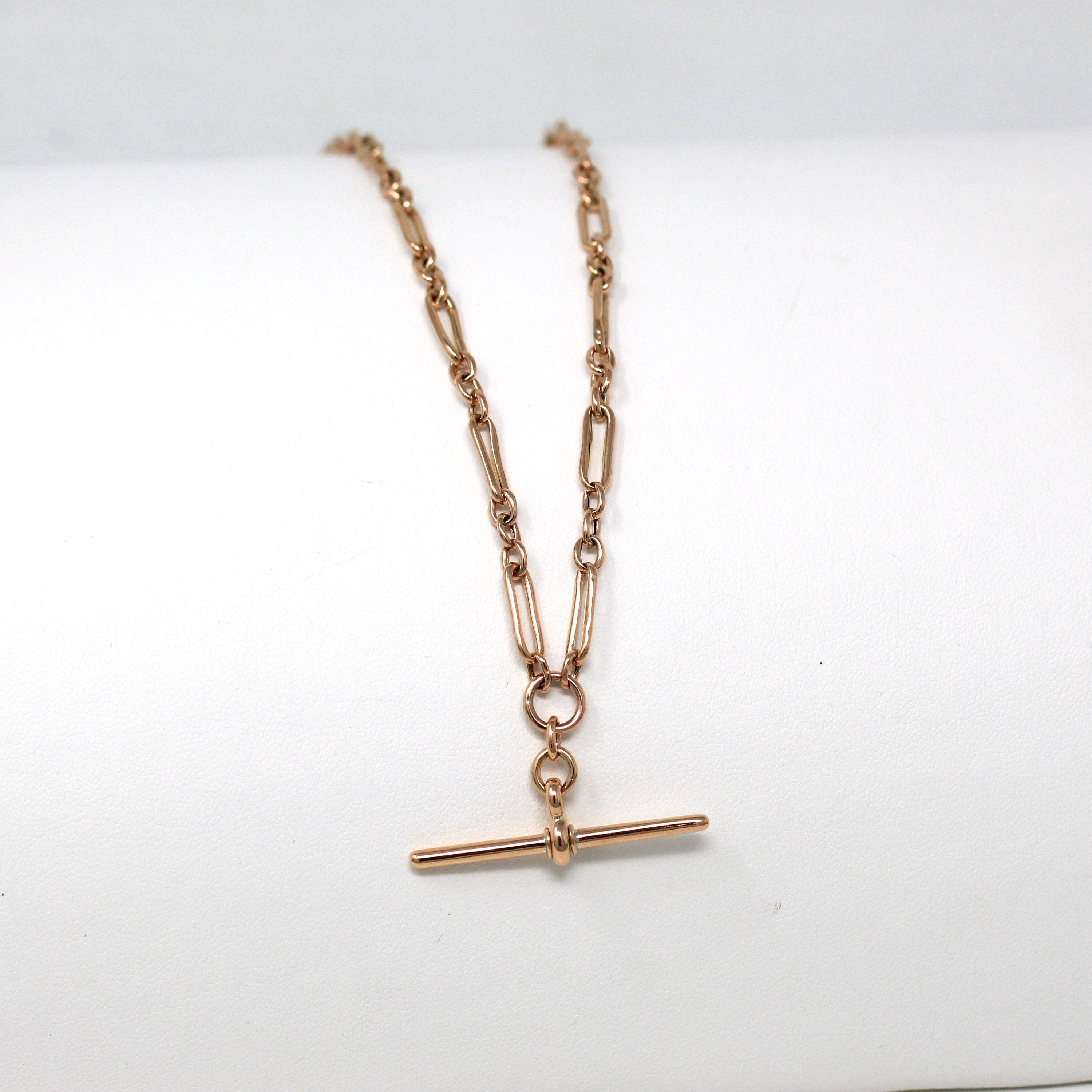 Pocket Watch Chain - Antique 9ct Rose Gold Trombone Chain T Bar Spring Ring Swivel Necklace - Edwardian 1910s Fashion Accessory Fine Jewelry