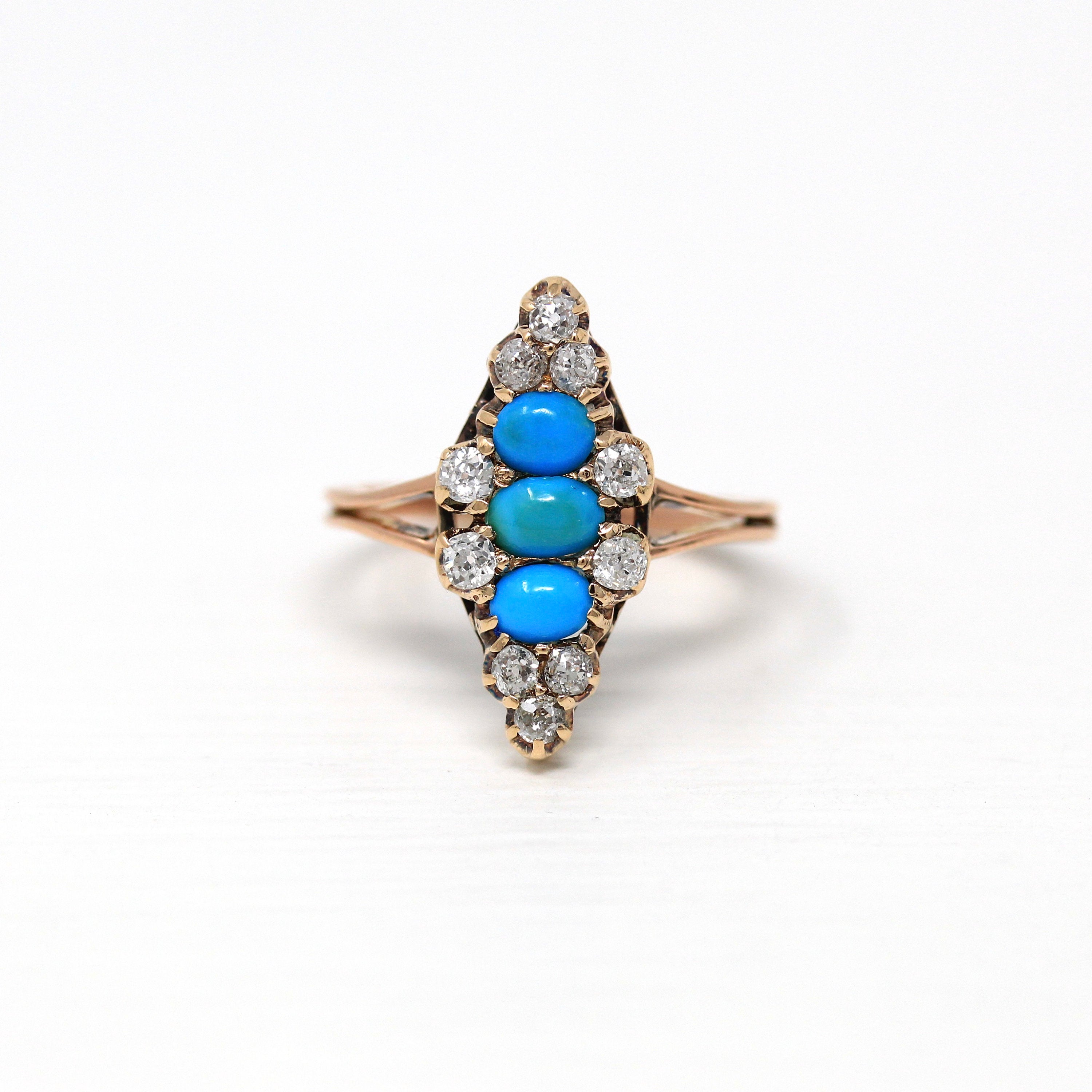 Antique Navette Ring - Victorian 18k Rosy Yellow Gold Genuine Turquoise & Old Mine Cut Diamonds - Vintage 1890s Size 3 3/4 Fine Jewelry