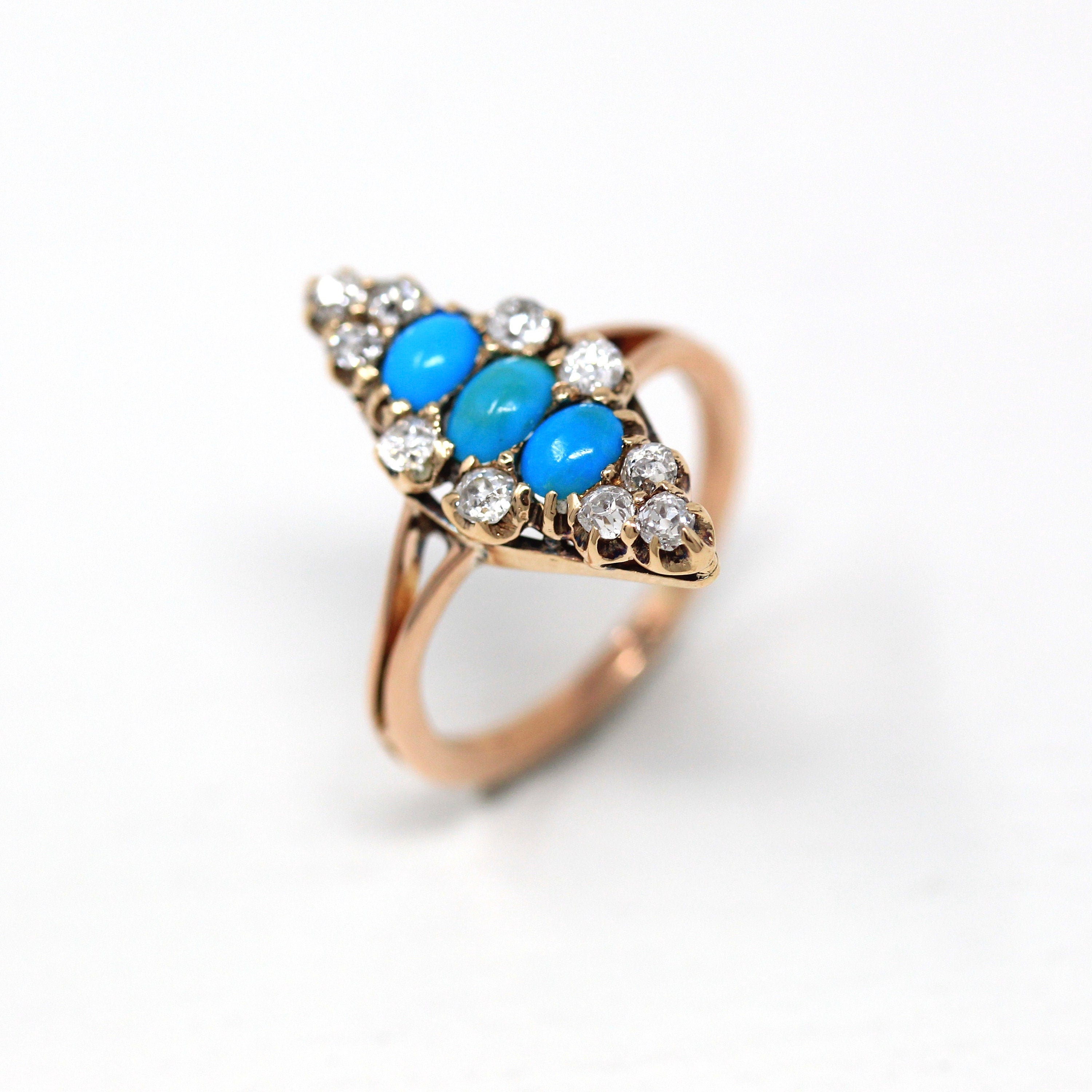 Antique Navette Ring - Victorian 18k Rosy Yellow Gold Genuine Turquoise & Old Mine Cut Diamonds - Vintage 1890s Size 3 3/4 Fine Jewelry