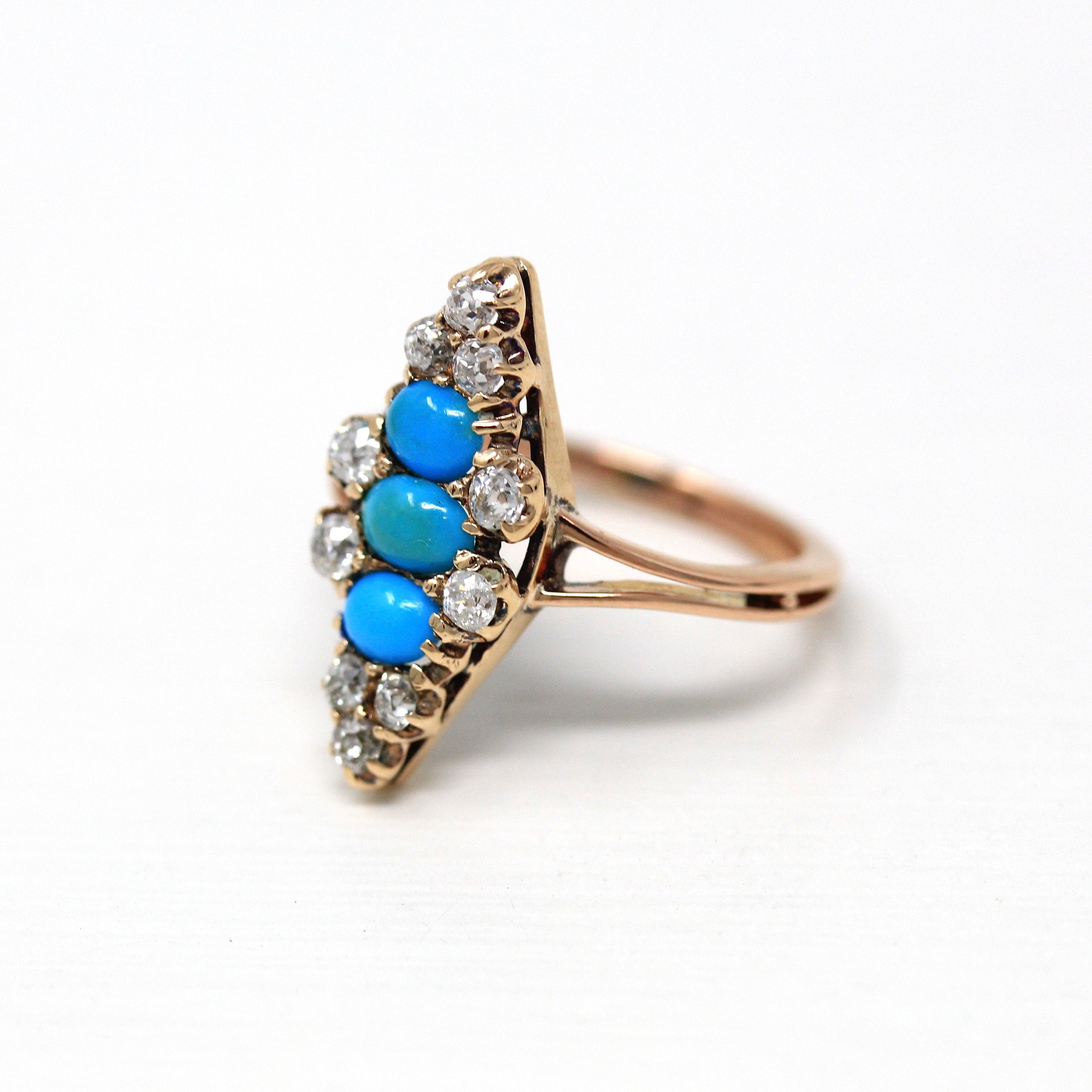 Antique Navette Ring - Victorian 18k Rosy Yellow Gold Genuine Turquoise & Old Mine Cut Diamonds - Vintage 1890s Size 3 3/4 Fine Jewelry