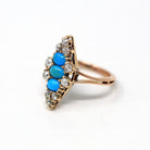 Antique Navette Ring - Victorian 18k Rosy Yellow Gold Genuine Turquoise & Old Mine Cut Diamonds - Vintage 1890s Size 3 3/4 Fine Jewelry