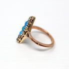 Antique Navette Ring - Victorian 18k Rosy Yellow Gold Genuine Turquoise & Old Mine Cut Diamonds - Vintage 1890s Size 3 3/4 Fine Jewelry