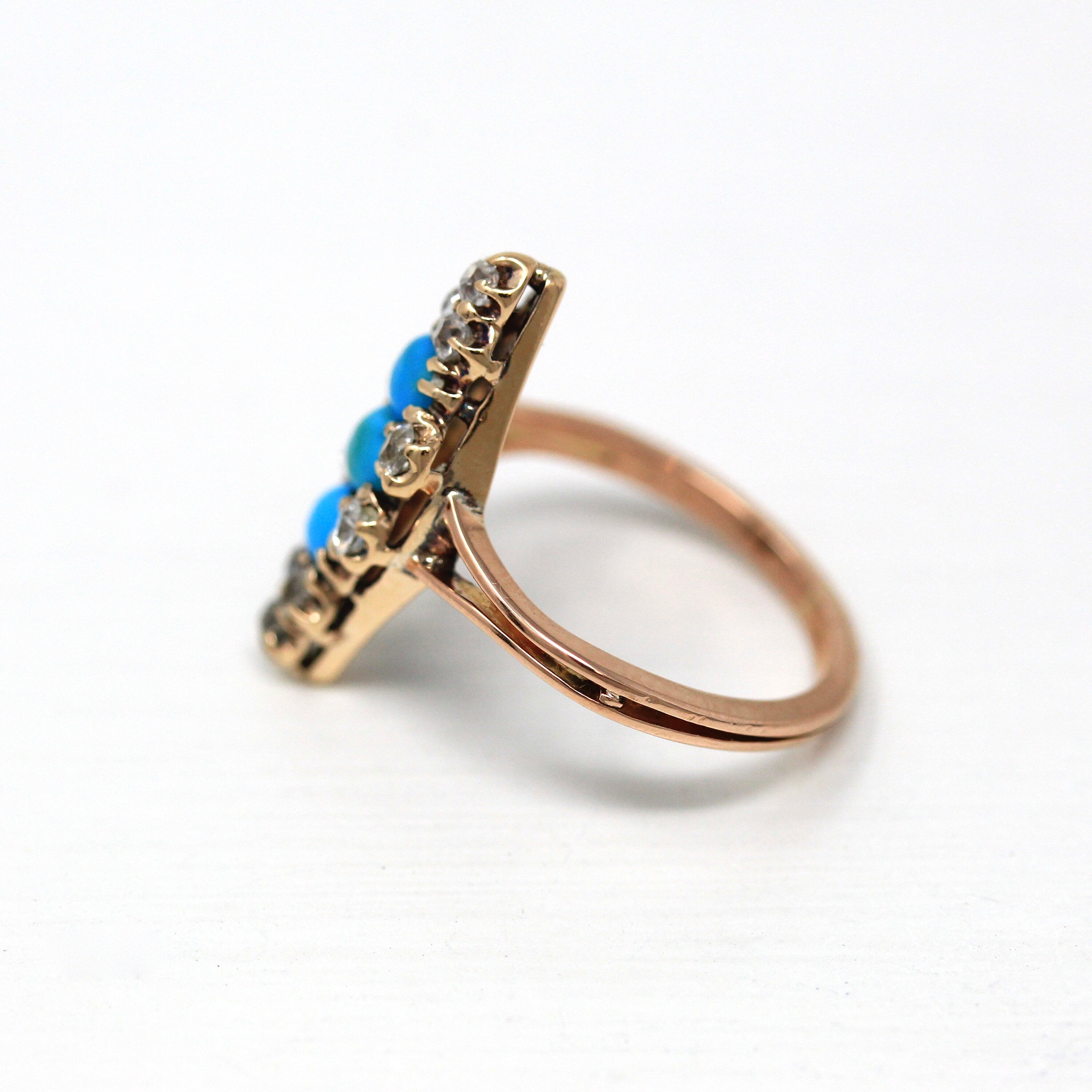 Antique Navette Ring - Victorian 18k Rosy Yellow Gold Genuine Turquoise & Old Mine Cut Diamonds - Vintage 1890s Size 3 3/4 Fine Jewelry