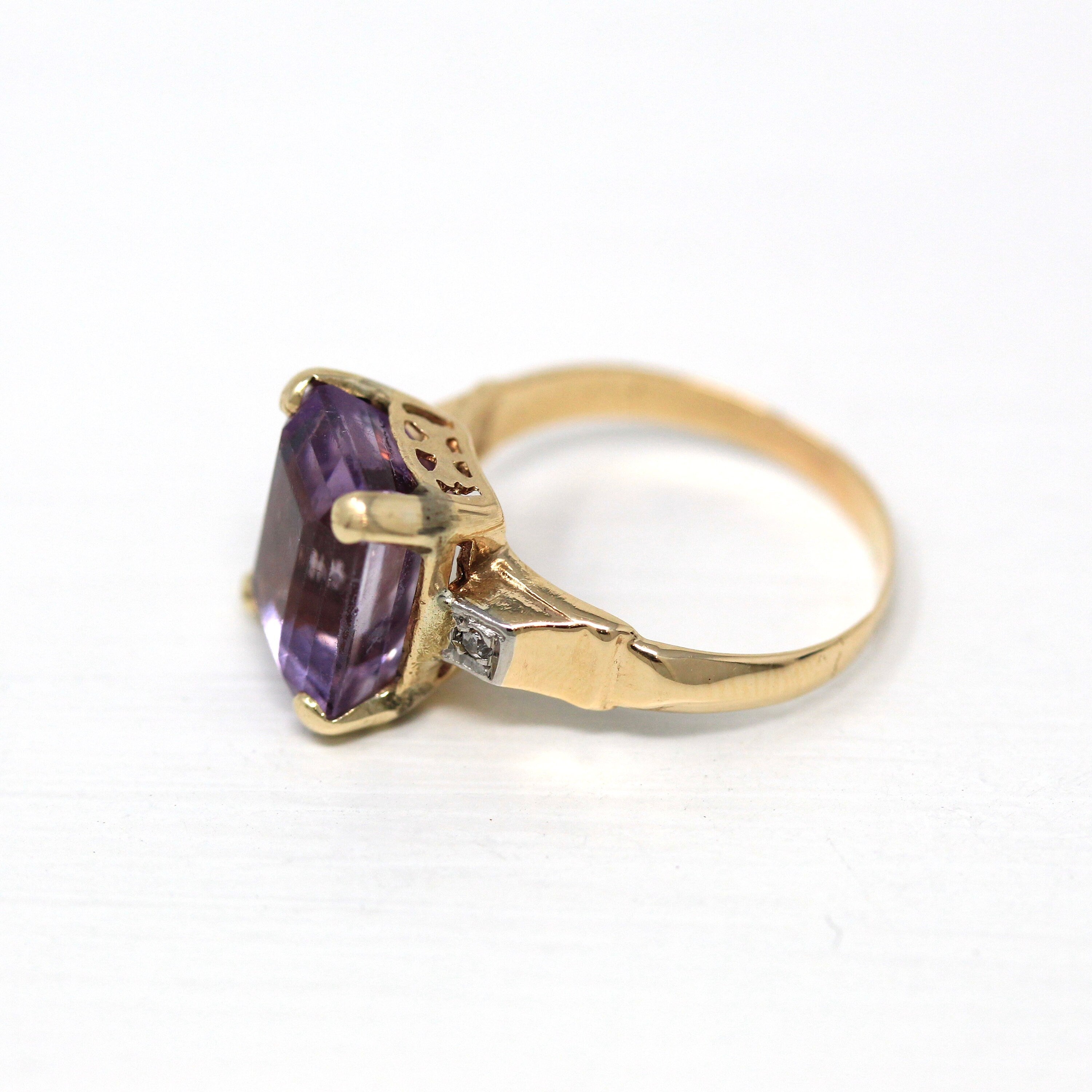 Genuine Amethyst Ring - Vintage 10k Yellow Gold Faceted Purple Hued 3.3 CT Gemstone - Retro Era Circa 1940s Size 4.25 Fine 40s Gem Jewelry