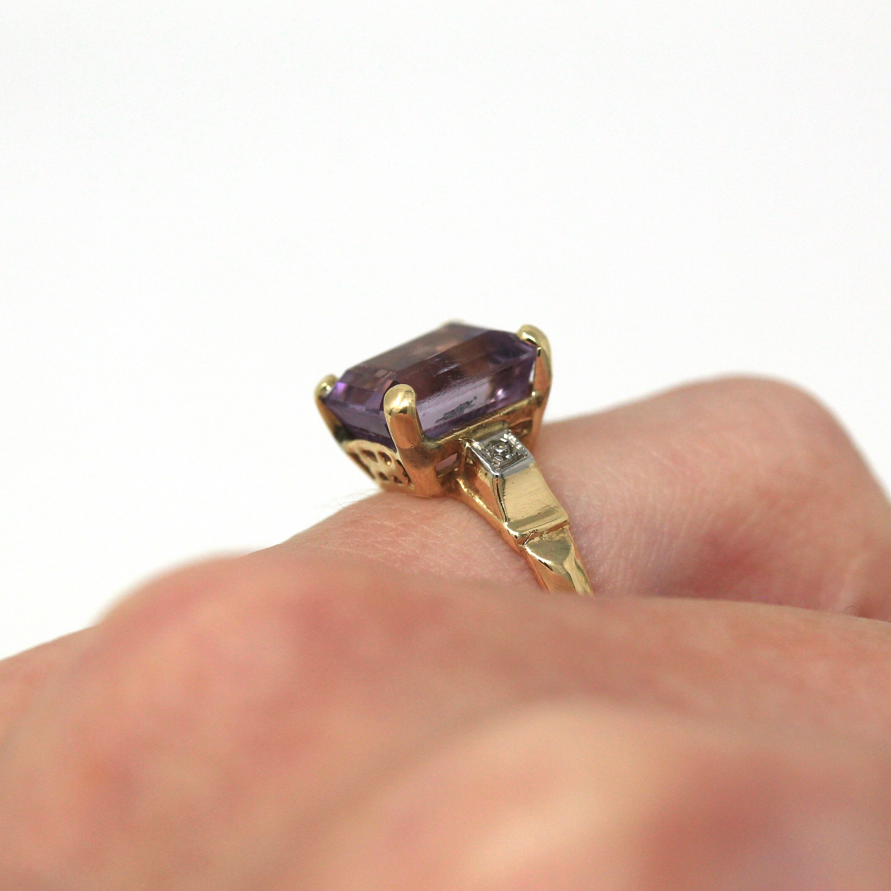 Genuine Amethyst Ring - Vintage 10k Yellow Gold Faceted Purple Hued 3.3 CT Gemstone - Retro Era Circa 1940s Size 4.25 Fine 40s Gem Jewelry