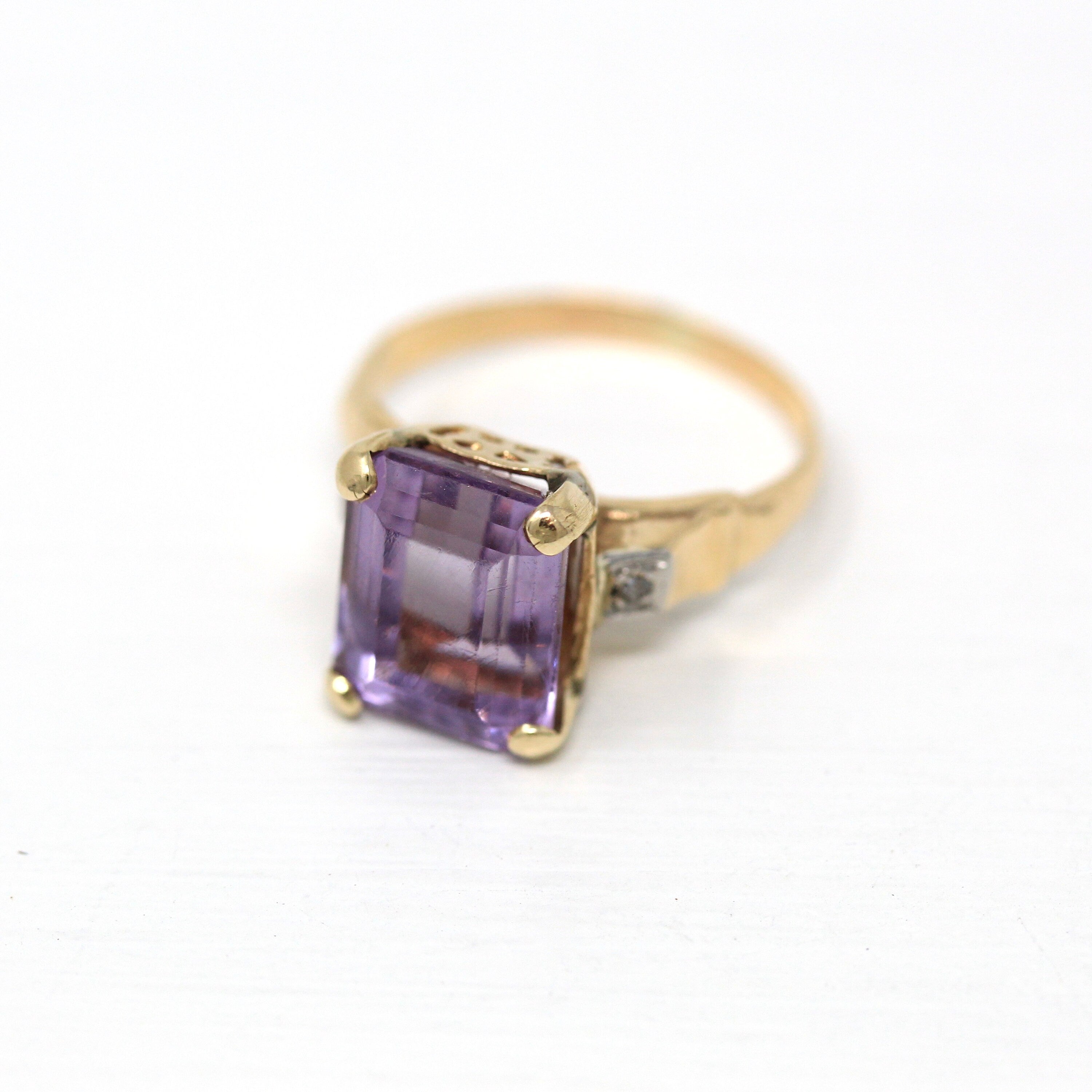 Genuine Amethyst Ring - Vintage 10k Yellow Gold Faceted Purple Hued 3.3 CT Gemstone - Retro Era Circa 1940s Size 4.25 Fine 40s Gem Jewelry