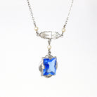 Art Deco Lavalier - Vintage 10k White Gold Simulated Sapphire & Seed Pearl Pendant Necklace - Circa 1930s Blue Glass 30s Fine Jewelry