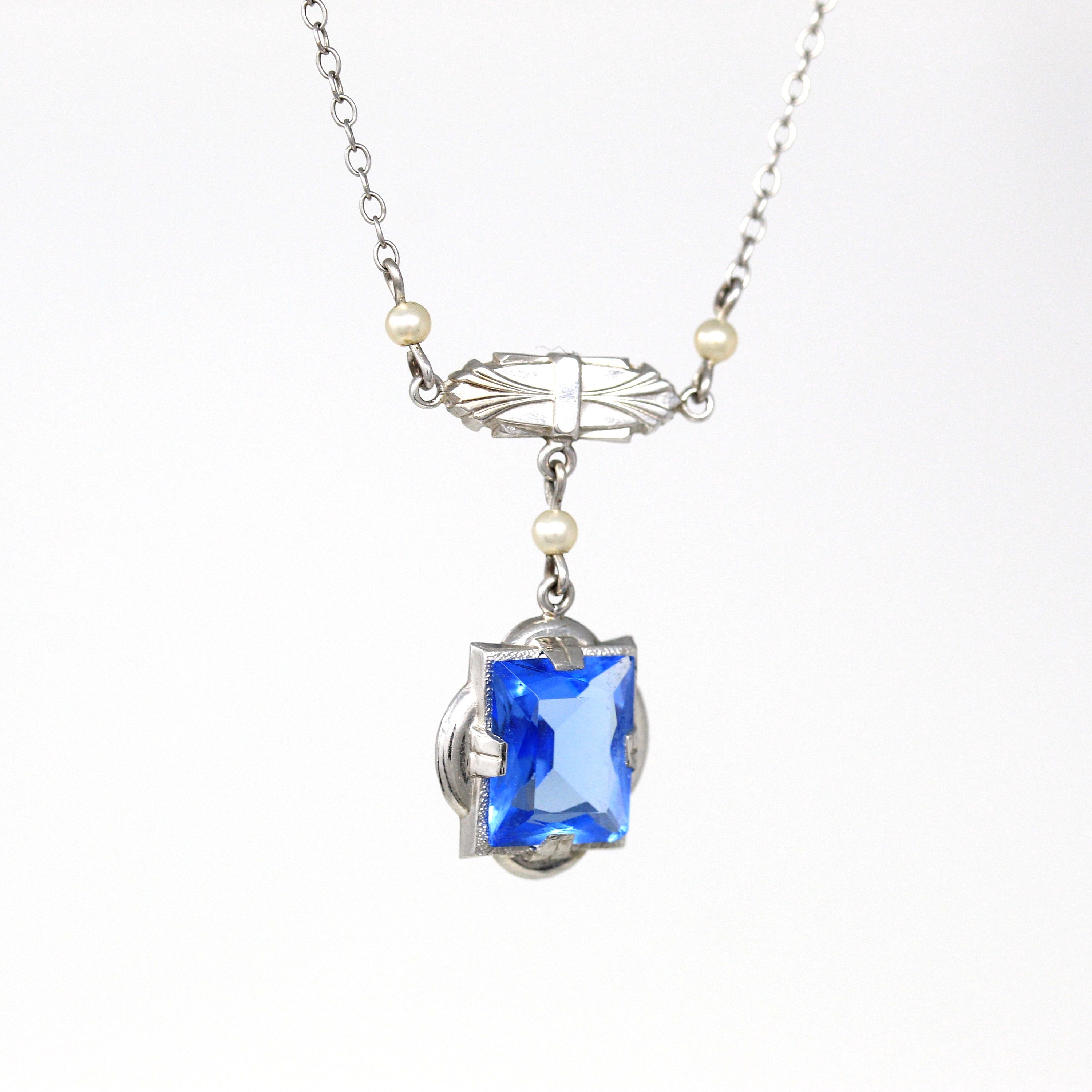 Art Deco Lavalier - Vintage 10k White Gold Simulated Sapphire & Seed Pearl Pendant Necklace - Circa 1930s Blue Glass 30s Fine Jewelry