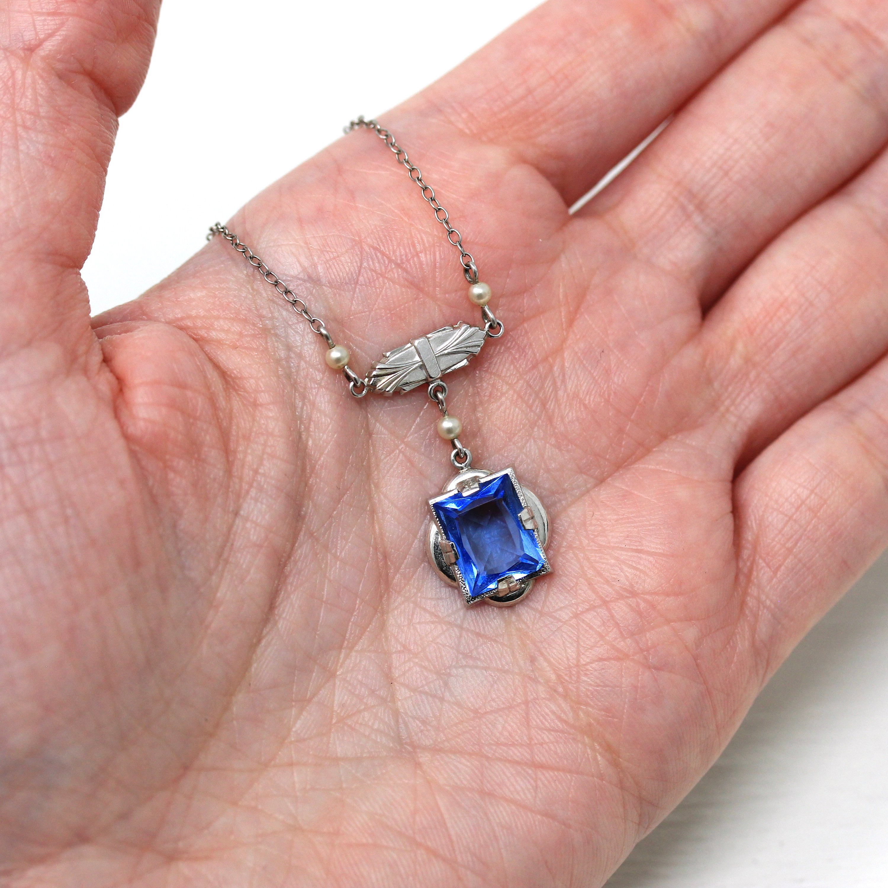 Art Deco Lavalier - Vintage 10k White Gold Simulated Sapphire & Seed Pearl Pendant Necklace - Circa 1930s Blue Glass 30s Fine Jewelry