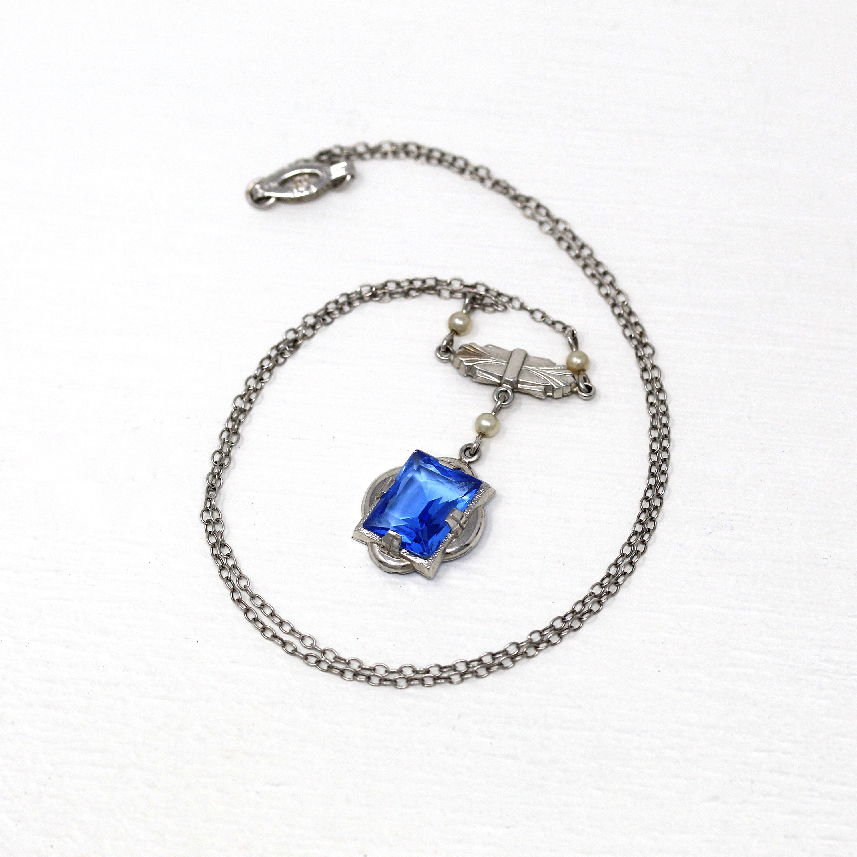 Art Deco Lavalier - Vintage 10k White Gold Simulated Sapphire & Seed Pearl Pendant Necklace - Circa 1930s Blue Glass 30s Fine Jewelry