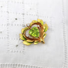 Peridot Heart Brooch - Art Nouveau 14k Yellow Gold Enamel Diamond Lapel Watch Pin Holder - Antique Circa 1900s Era Fashion Accessory Jewelry