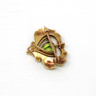 Peridot Heart Brooch - Art Nouveau 14k Yellow Gold Enamel Diamond Lapel Watch Pin Holder - Antique Circa 1900s Era Fashion Accessory Jewelry