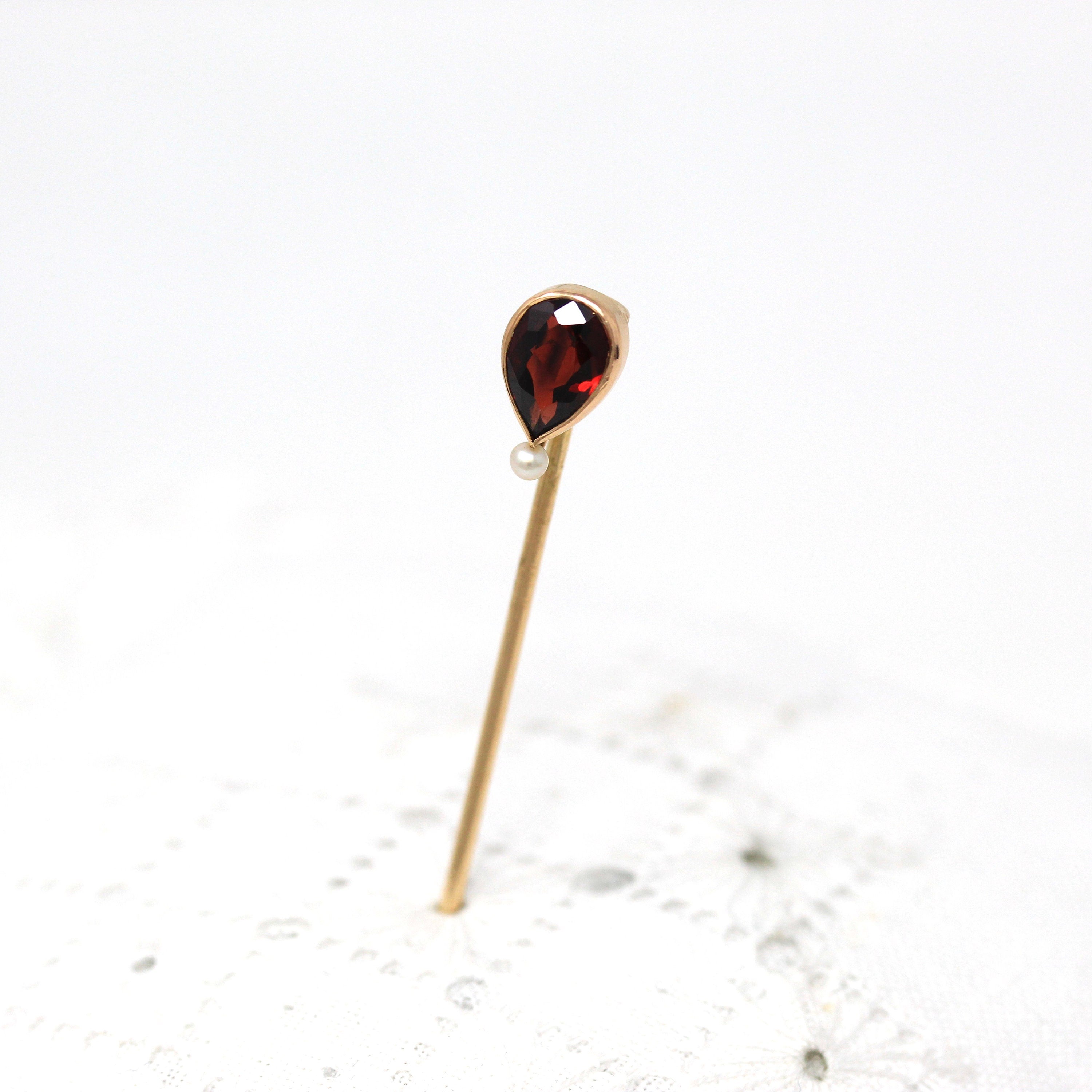 Antique Stick Pin - Edwardian 14k Yellow Gold Pear Cut Genuine Garnet Gemstone - Circa 1910s Era Fashion Accessory Scarf Hat Fine Jewelry