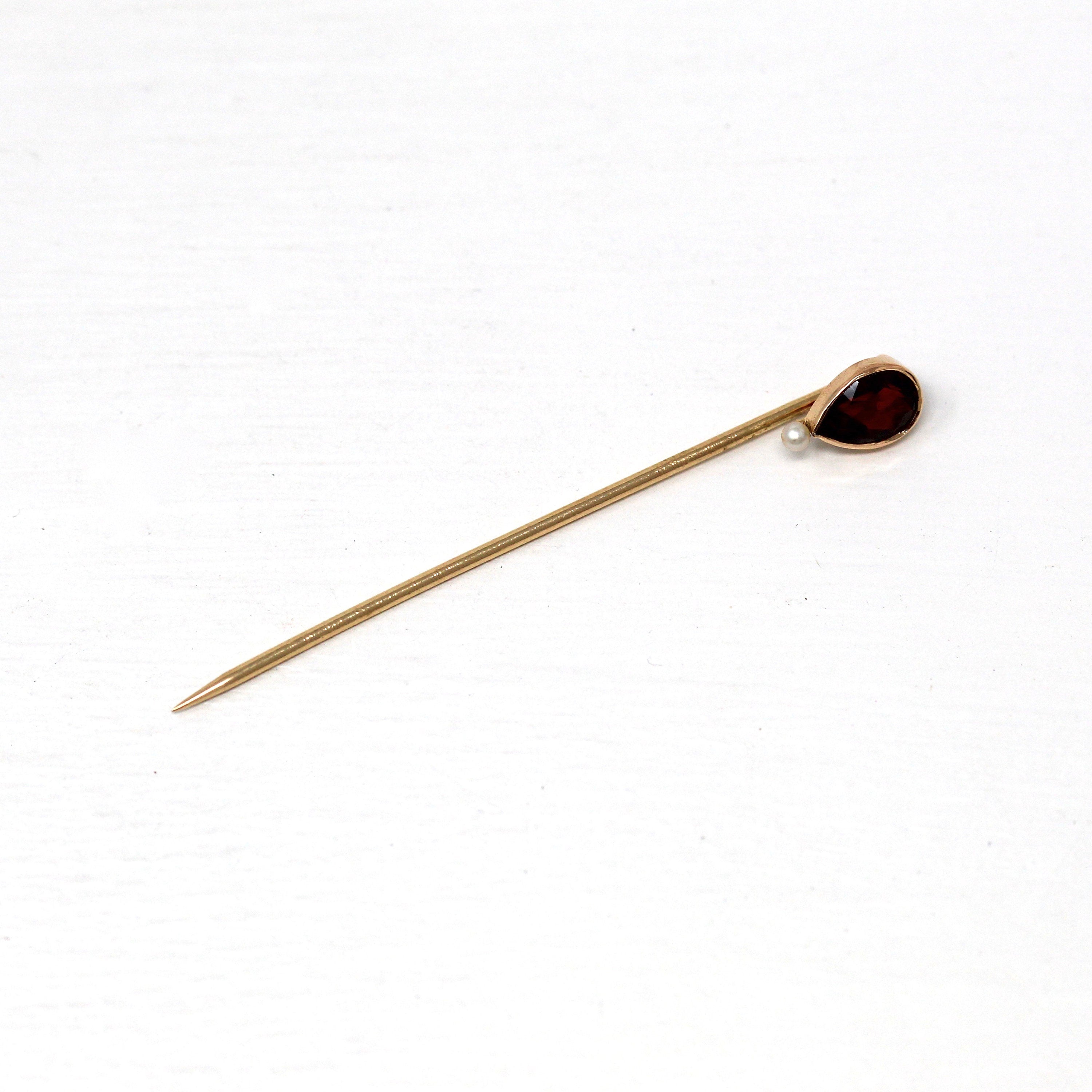 Antique Stick Pin - Edwardian 14k Yellow Gold Pear Cut Genuine Garnet Gemstone - Circa 1910s Era Fashion Accessory Scarf Hat Fine Jewelry