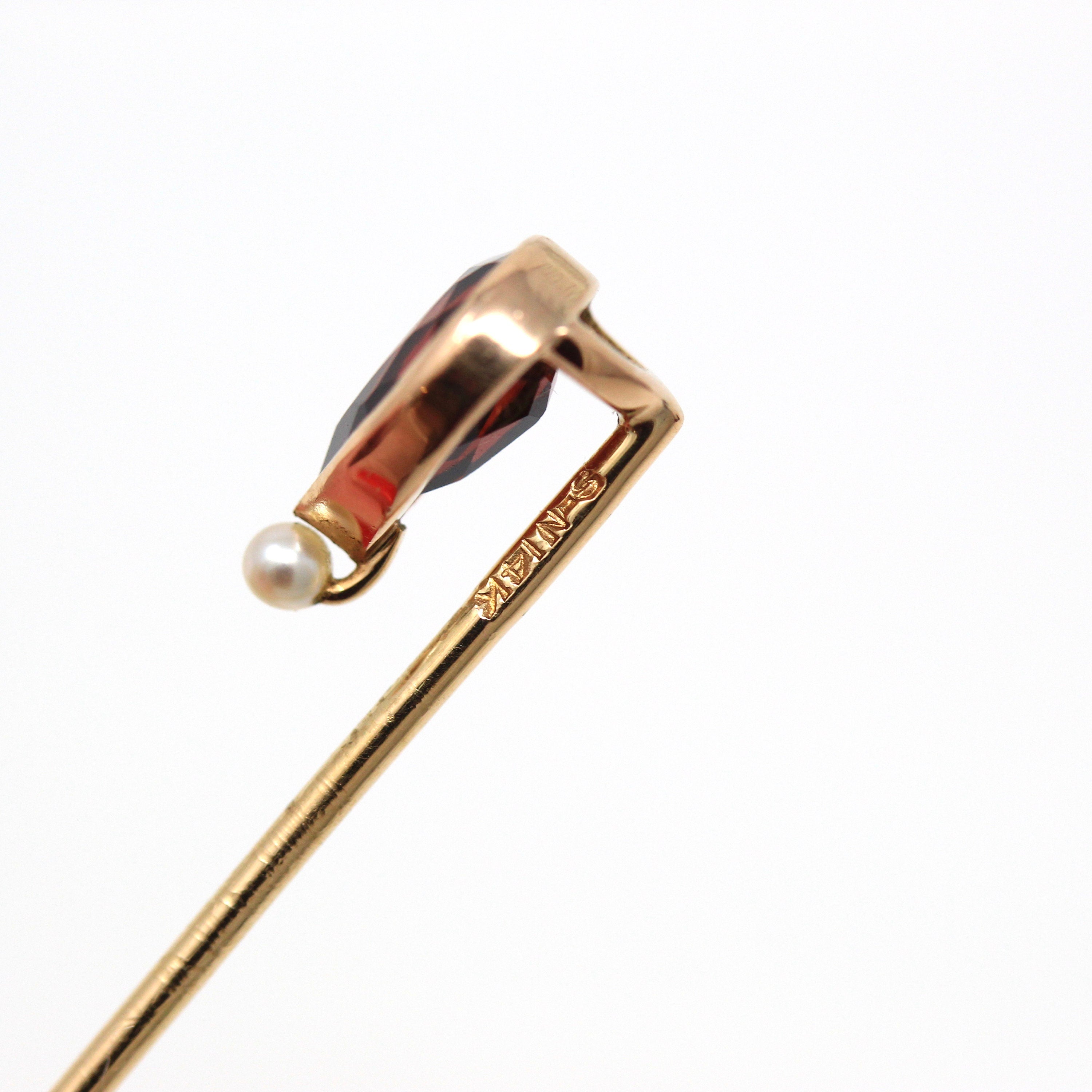 Antique Stick Pin - Edwardian 14k Yellow Gold Pear Cut Genuine Garnet Gemstone - Circa 1910s Era Fashion Accessory Scarf Hat Fine Jewelry