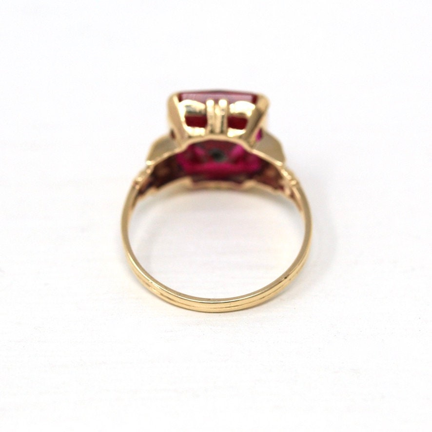 Vintage Created Ruby Ring - Retro 10k Yellow Gold Genuine Diamond July Birthstone Statement - Circa 1940s Era Size 6 1/4 Statement Jewelry