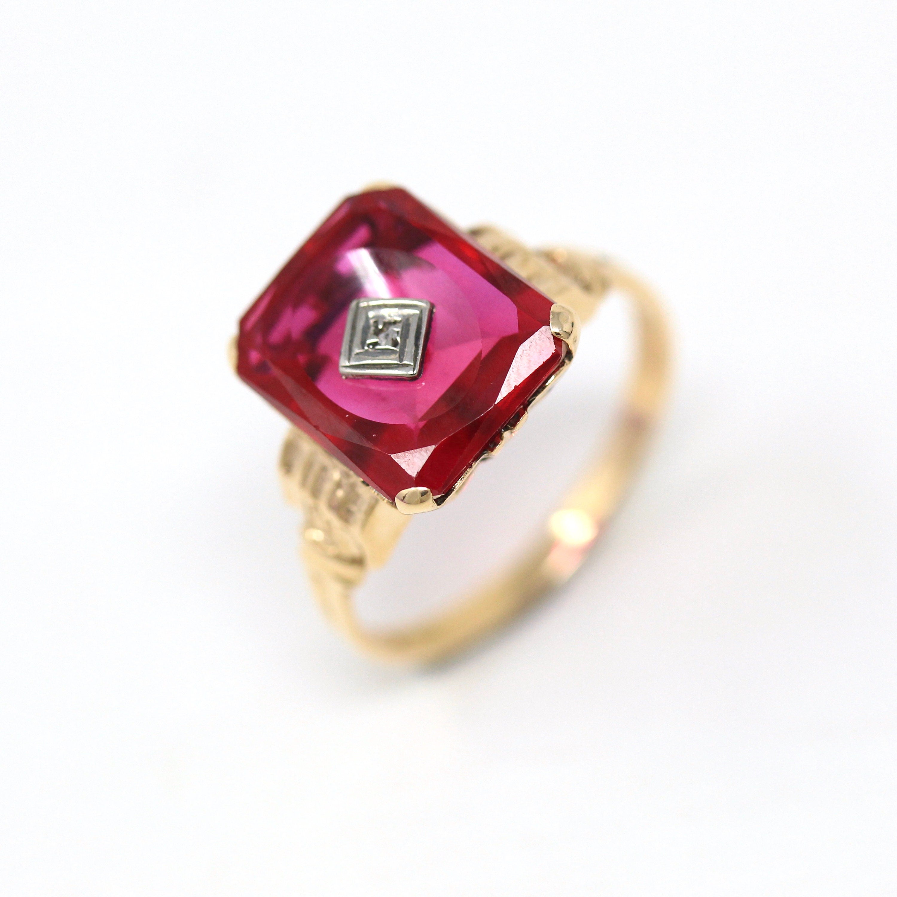 Vintage Created Ruby Ring - Retro 10k Yellow Gold Genuine Diamond July Birthstone Statement - Circa 1940s Era Size 6 1/4 Statement Jewelry