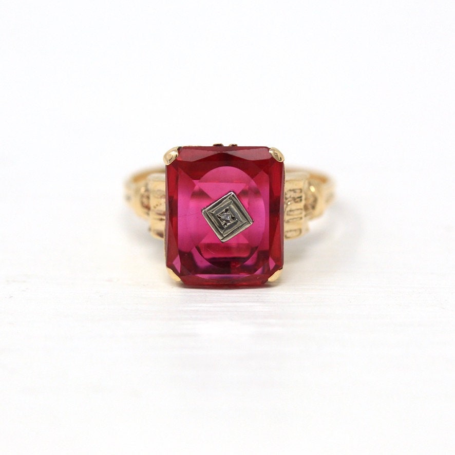 Vintage Created Ruby Ring - Retro 10k Yellow Gold Genuine Diamond July Birthstone Statement - Circa 1940s Era Size 6 1/4 Statement Jewelry