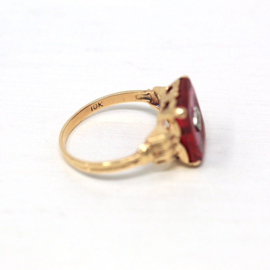 Vintage Created Ruby Ring - Retro 10k Yellow Gold Genuine Diamond July Birthstone Statement - Circa 1940s Era Size 6 1/4 Statement Jewelry