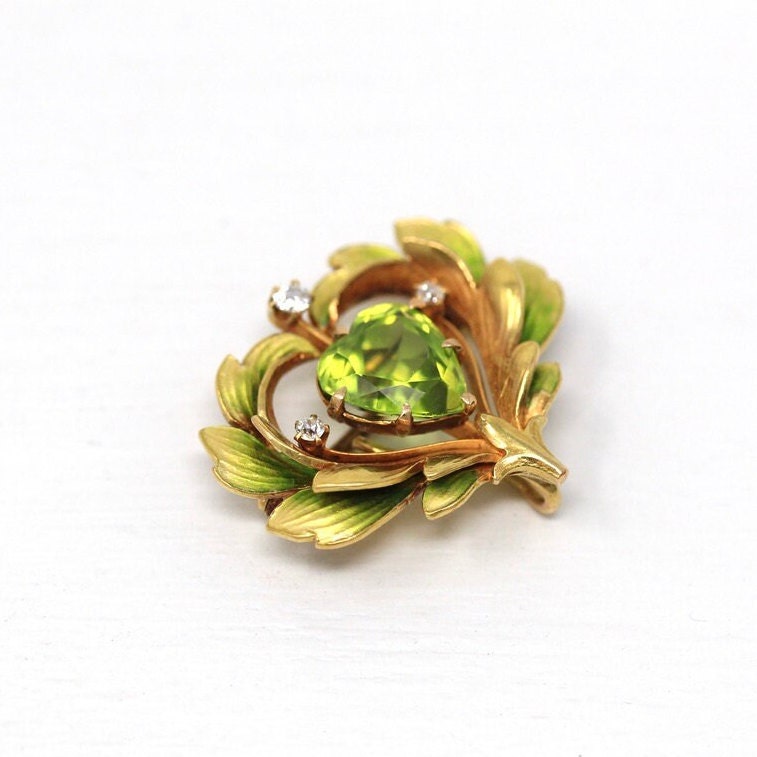 Peridot Heart Brooch - Art Nouveau 14k Yellow Gold Enamel Diamond Lapel Watch Pin Holder - Antique Circa 1900s Era Fashion Accessory Jewelry