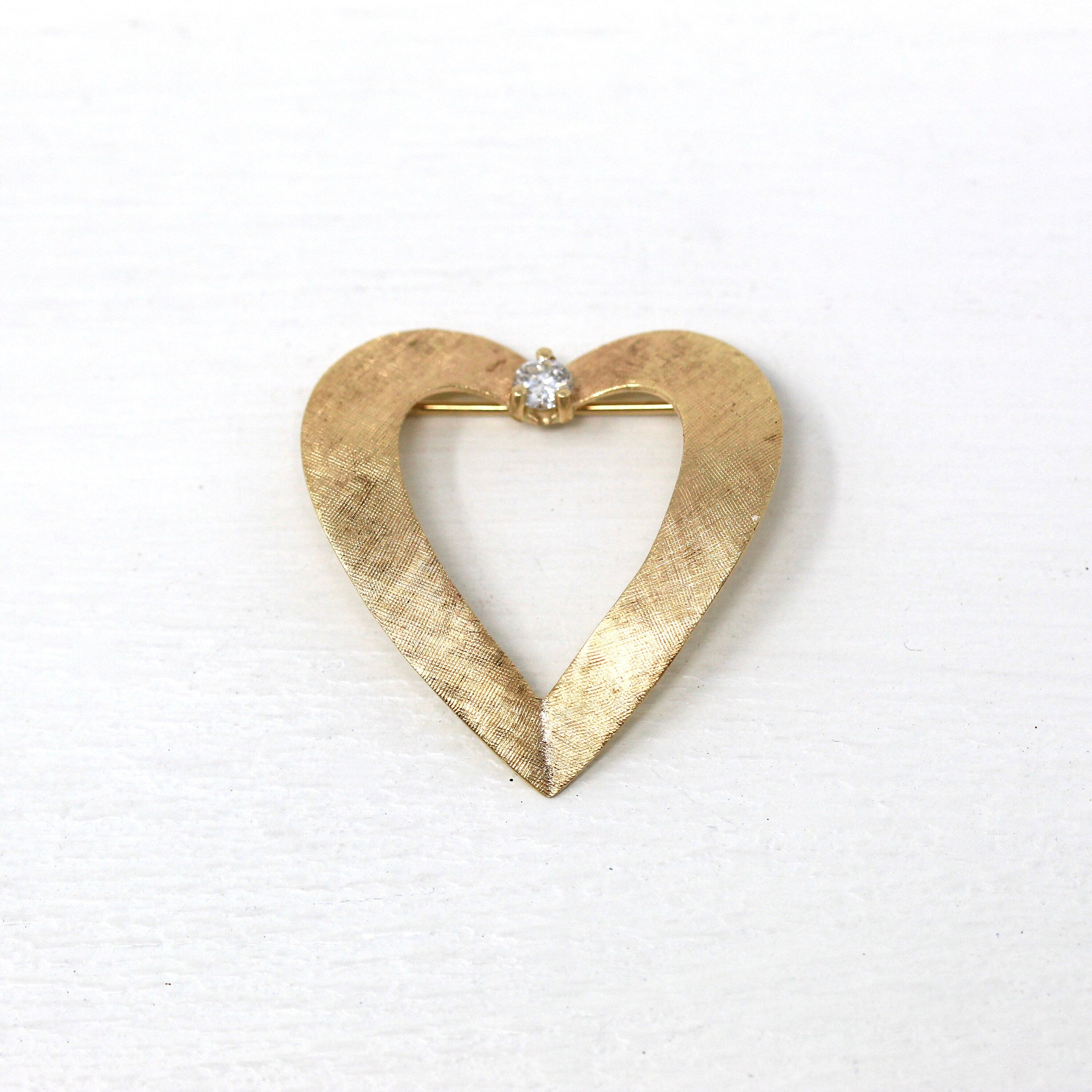 Tiffany & Co. Brooch - Retro 14k Yellow Gold Genuine Diamond Heart Pin - Circa 1970s Era Tiffany's Statement Fashion Accessory Fine Jewelry